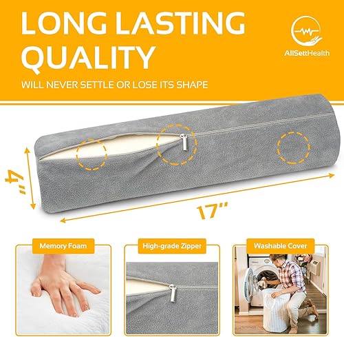 Vista 15 de AllSett Health - Cojín de bambú cilíndrico, redondo, cervical, gris con funda extraíble lavable, diseñado ergonómicamente para cabeza, cuello