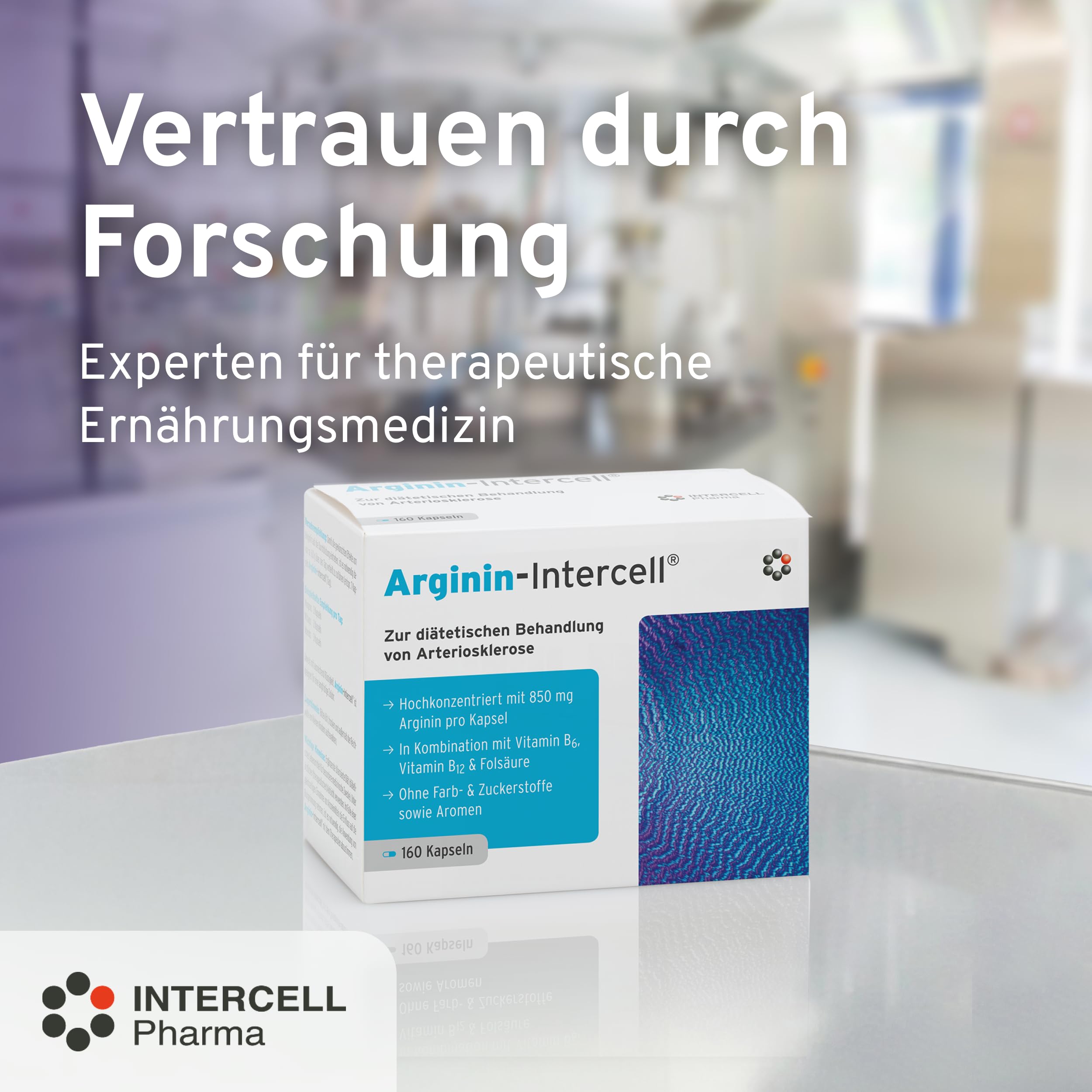 Arginin Intercell (160 Kapseln) – Reines L-Arginin Base aus pflanzlicher Fermentation (99,8%) – Hochdosiert zum Diätmanagement – Mit B6, B12 & Folsäure – Vegan