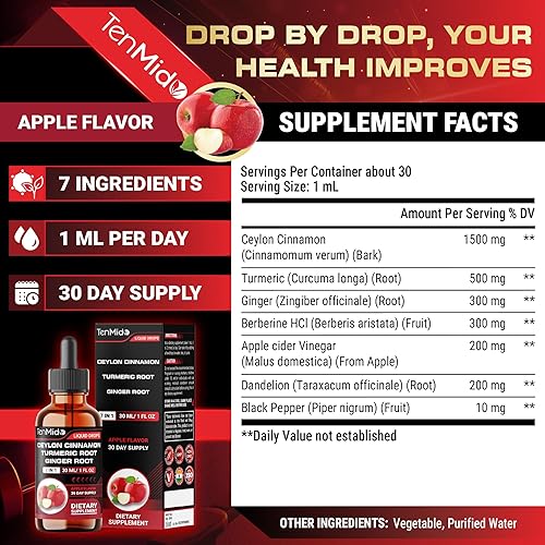 Miniatura 2 de Tenmido Ceilán - Gotas líquidas de canela 7 en 1 con cúrcuma, berberina HCl, jengibre, vinagre de sidra de manzana, diente de león y pimienta negra,
