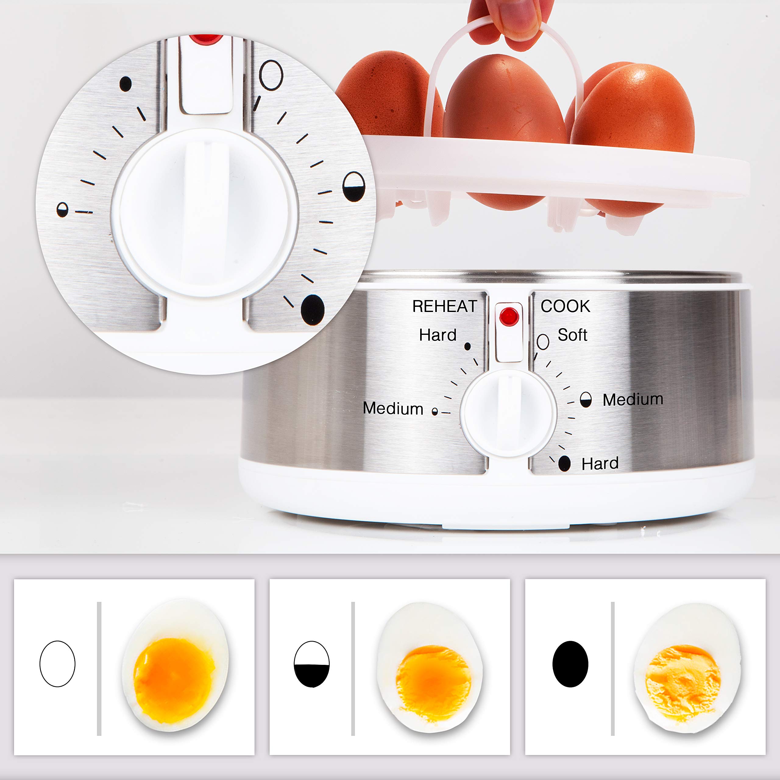 Duronic EB35 WE Cuociuova elettrico 350W Cuoci uova fino a 7 uova Bollitore uova per uova Sode Medie Alla coque Cuocitore di Uova con 2 vassoi per Frittata e uovo in camicia Omelet maker Egg cooker