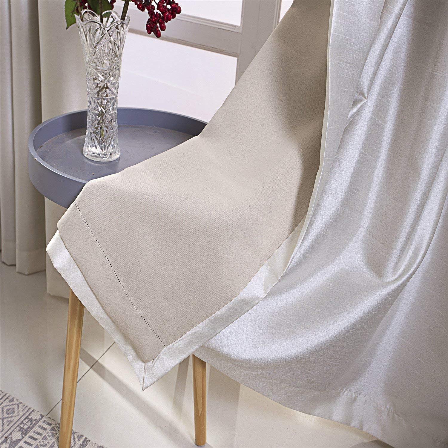 GYROHOME Faux Silk Blackout Curtains, Fully Lined Solid Color Window Treatment Drapes for Bedroom and Living Room Thermal Insulated Grommet Top Room Darkening Drapes, (Beige, 52x96, 2 Panels)