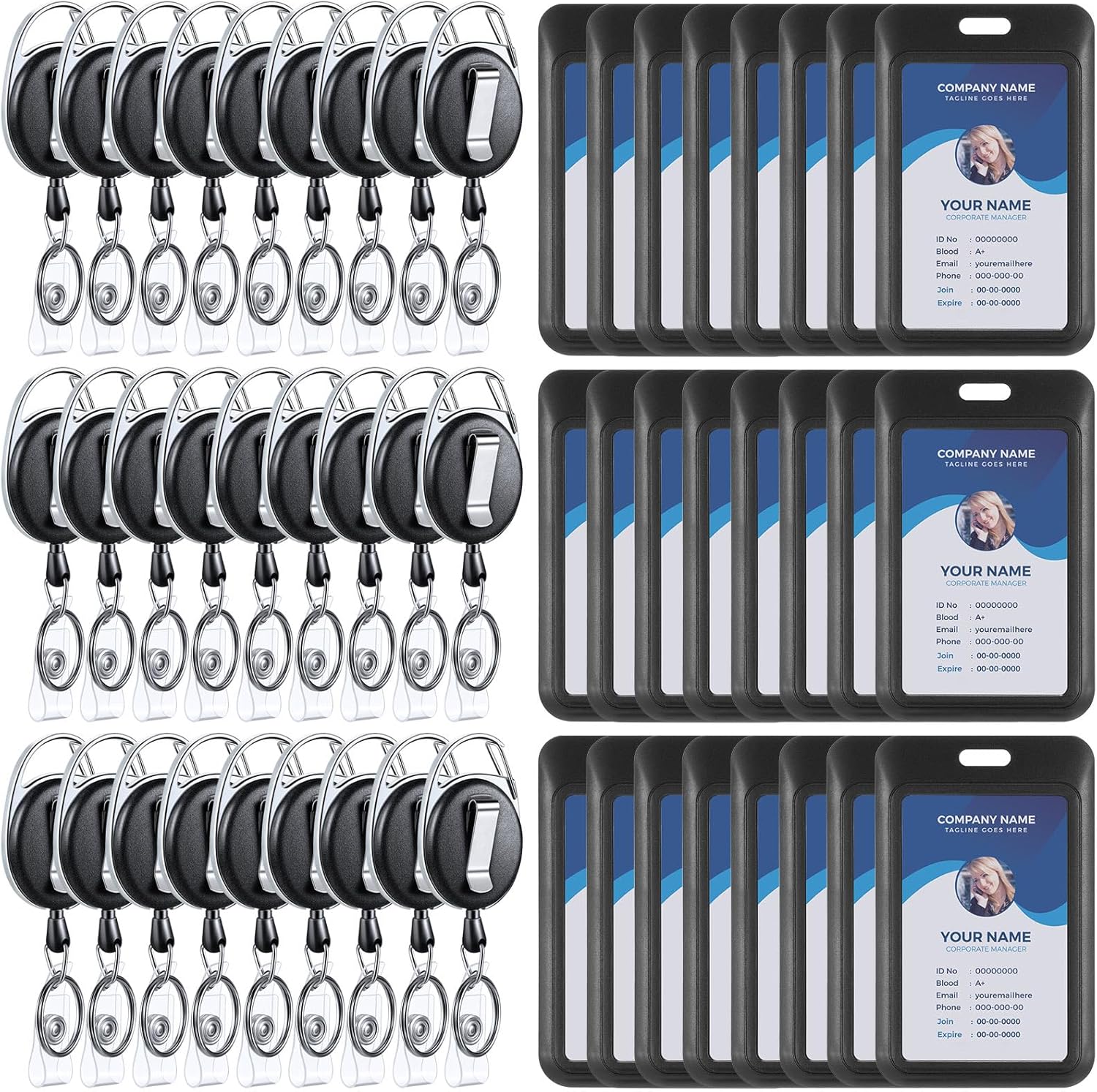 Dispowreath 24 Pack Sliding Badge Holder with Retractable Clip Black Vertical Plastic ID Card Case Protector, Heavy Duty Badge Reel ID Holders for Keychain Key Card Nurse Office Credit License