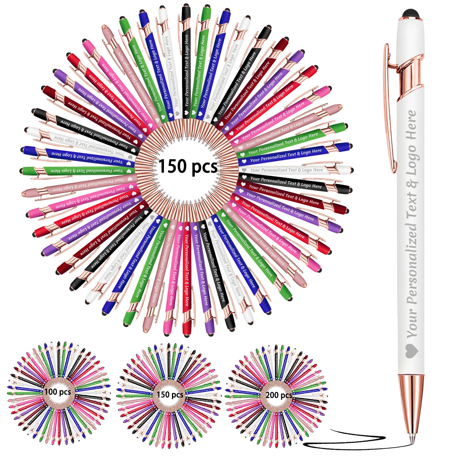 Morlavid Personalised Pens with Name Logo Custom Pen Engraved with Stylus up to 500 Pcs Smooth Writing Ballpoint Pens Gift for Business Graduation,150pcs