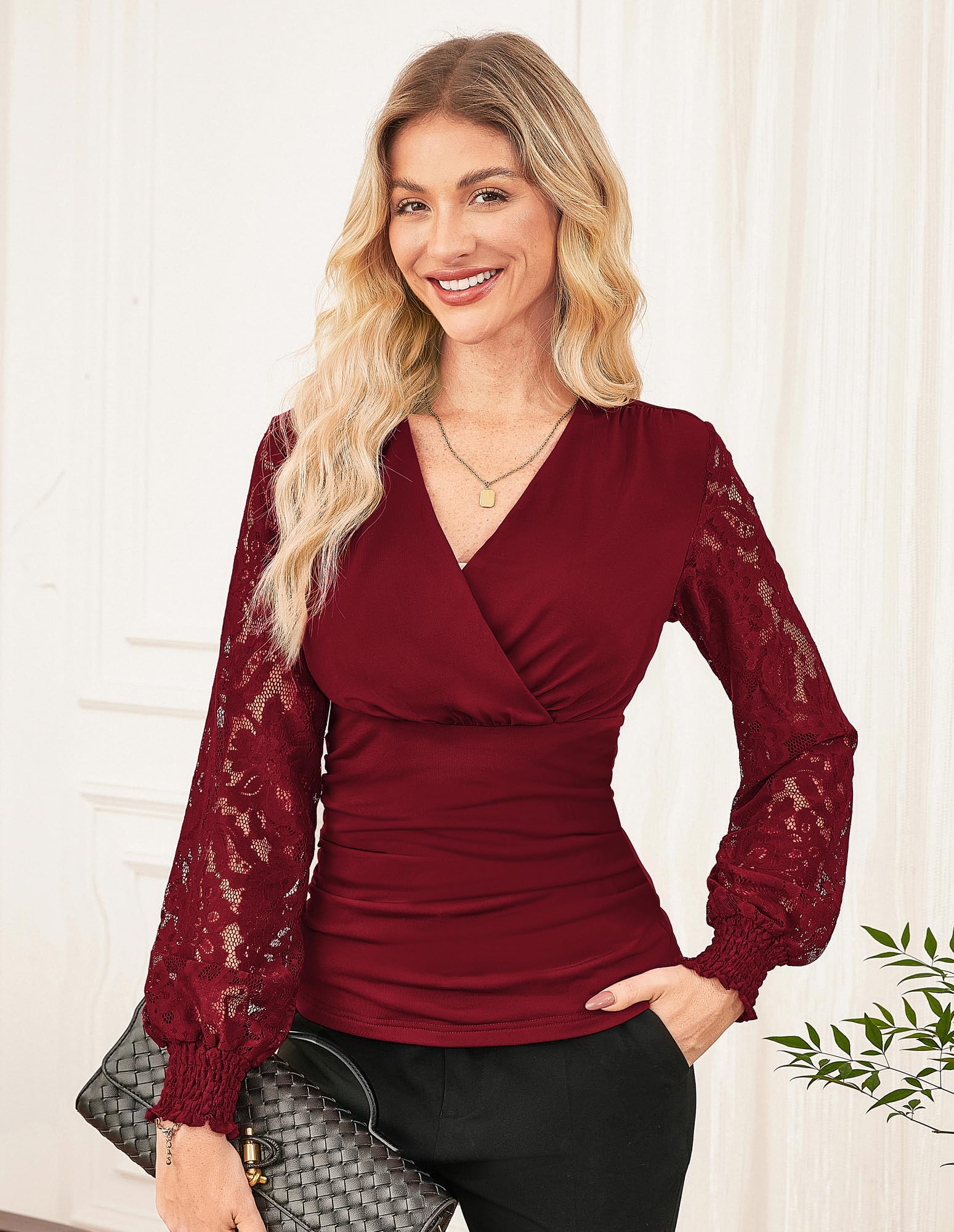 GRACE KARIN Damen Bluse Spitzen Langarm Festliche Oberteile V-Ausschnitt Plissierte Bauchweg Wickelbluse