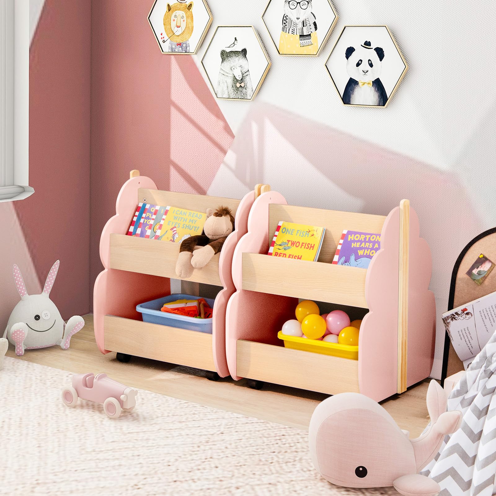 COSTWAY Estantería Infantil de Madera con Ruedas, Librería para Niños de 2 Niveles, Estantería para Juguetes, Multifuncional Organizador de Libros para Salon, Dormitorio de los Niños (Rosa)
