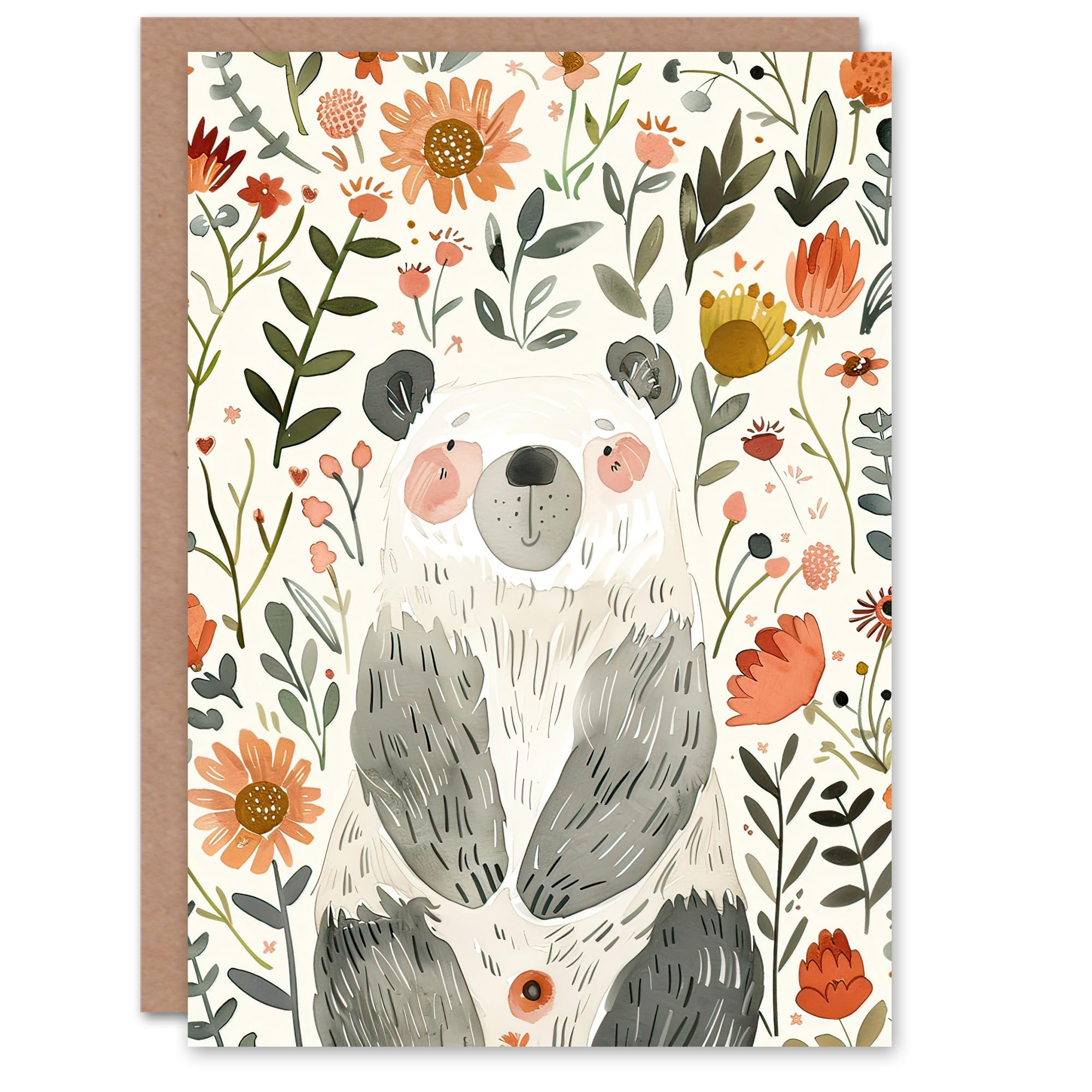 Artery8 Greeting Card Happy Cute Baby Bear with Flowers Watercolour For Child Kids Birthday Card