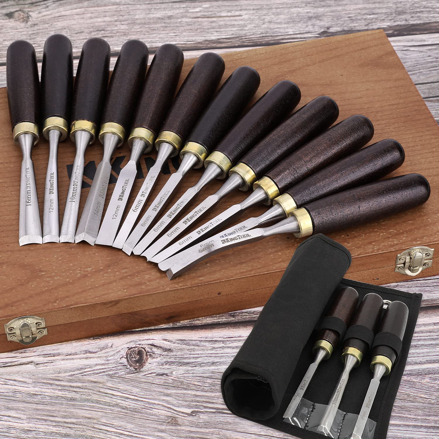 KingTool Wood Carving Tools, 12 Pieces Chisel Set with Black Walnut Handle,Full Size Foundational Go