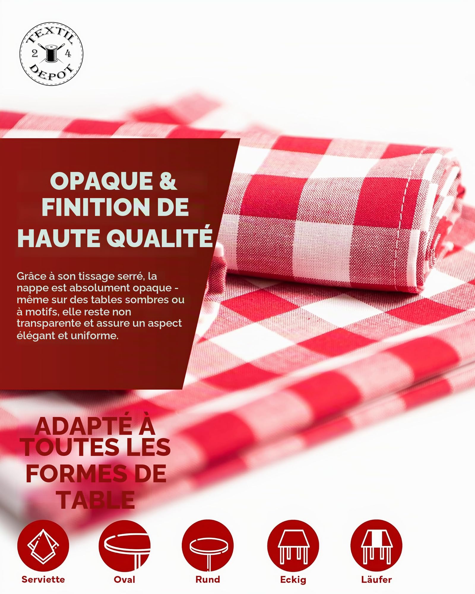 Lot de 12 Serviettes de Table à Carreaux Rouges et Blancs - 20 mm - 100% Coton - 60 x 60 cm