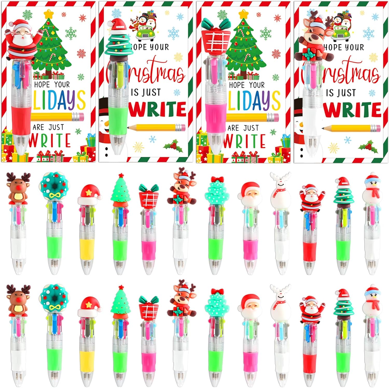 36 Sets Christmas Multicolor Pens Bulk with Card Set 4 In 1 Colored Christmas Ballpoint Pen Gifts for Students Xmas Reindeer Santa Retractable Pens for Holiday Party Office Supplies