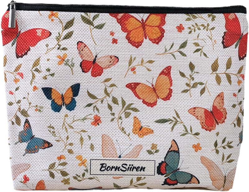 Necessaire de maquiagem BornSiiren com estampa de borboletas coloridas e zíper, 25 x 17 x 5 cm