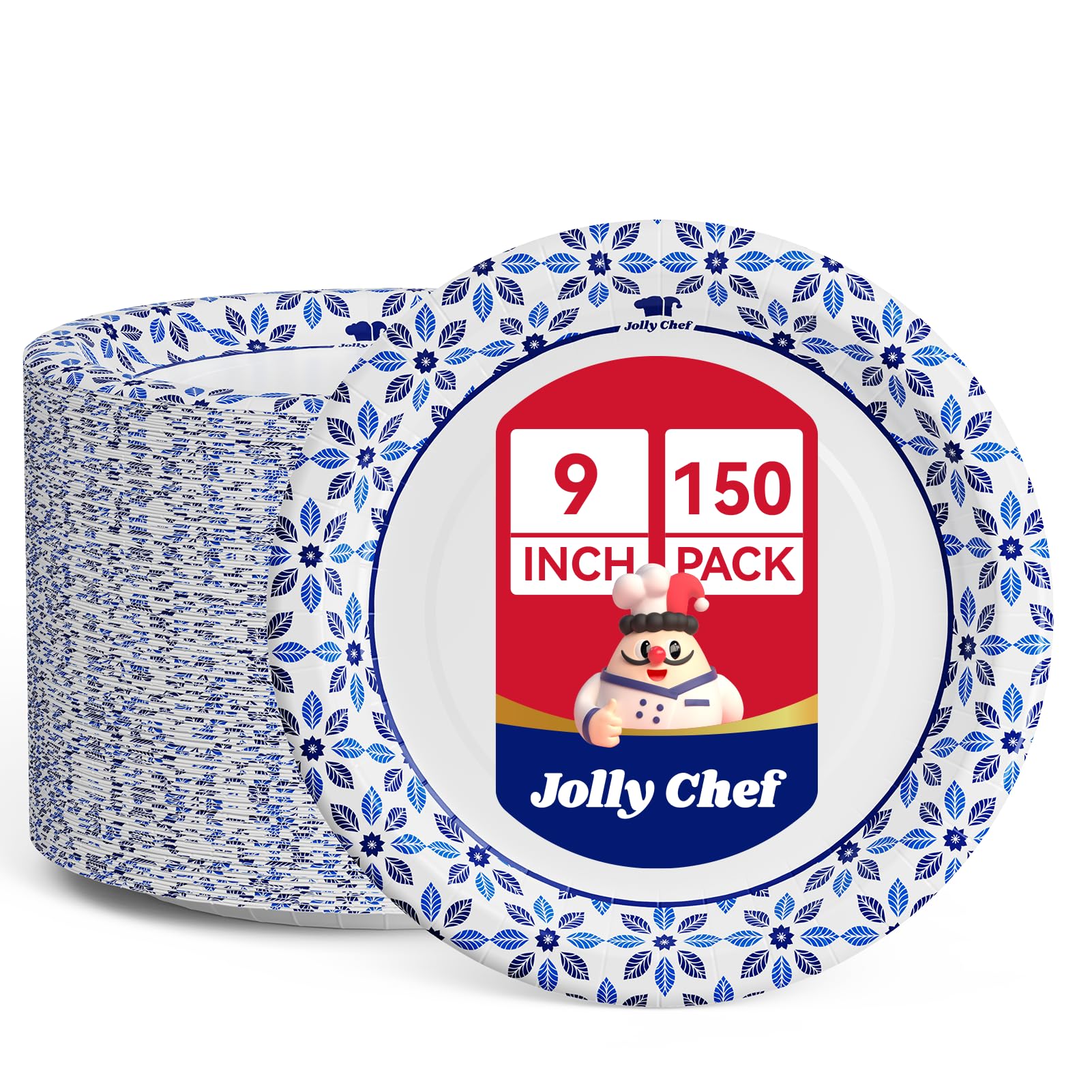 JOLLY CHEF 9 Inch Disposable Paper Plates, 150 Count Blue Floral Paper Plates, Cut Proof Disposable Plates for Party, Picnic, BBQ, Wedding, Hot & Cold Food