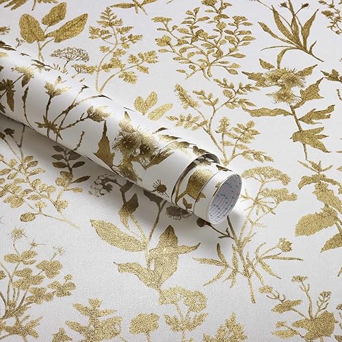 Miniatura 10 de Dimoon Papel tapiz de 78.7 x 17.3 pulgadas, papel de contacto para despegar y pegar, papel tapiz floral blancodorado, moderno, extraíble, vintage,