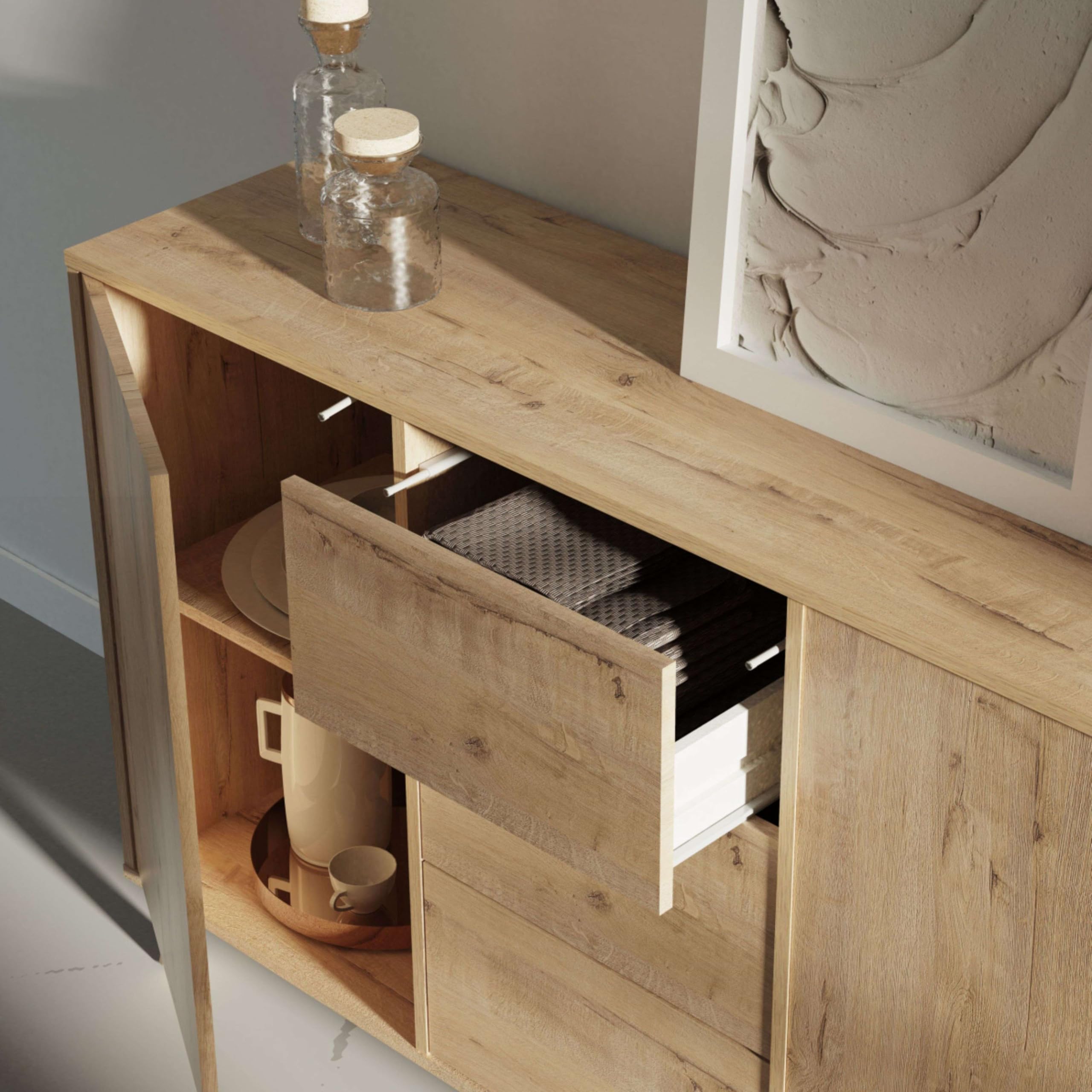 Muebles Pitarch | Aparador salone da pranzo, buffet, mobile ausiliario, 2 ante e 3 cassetti, rovere gold, 89x140x40 cm, dispensa, cucina, ufficio, moderno nordico, modello Oslo