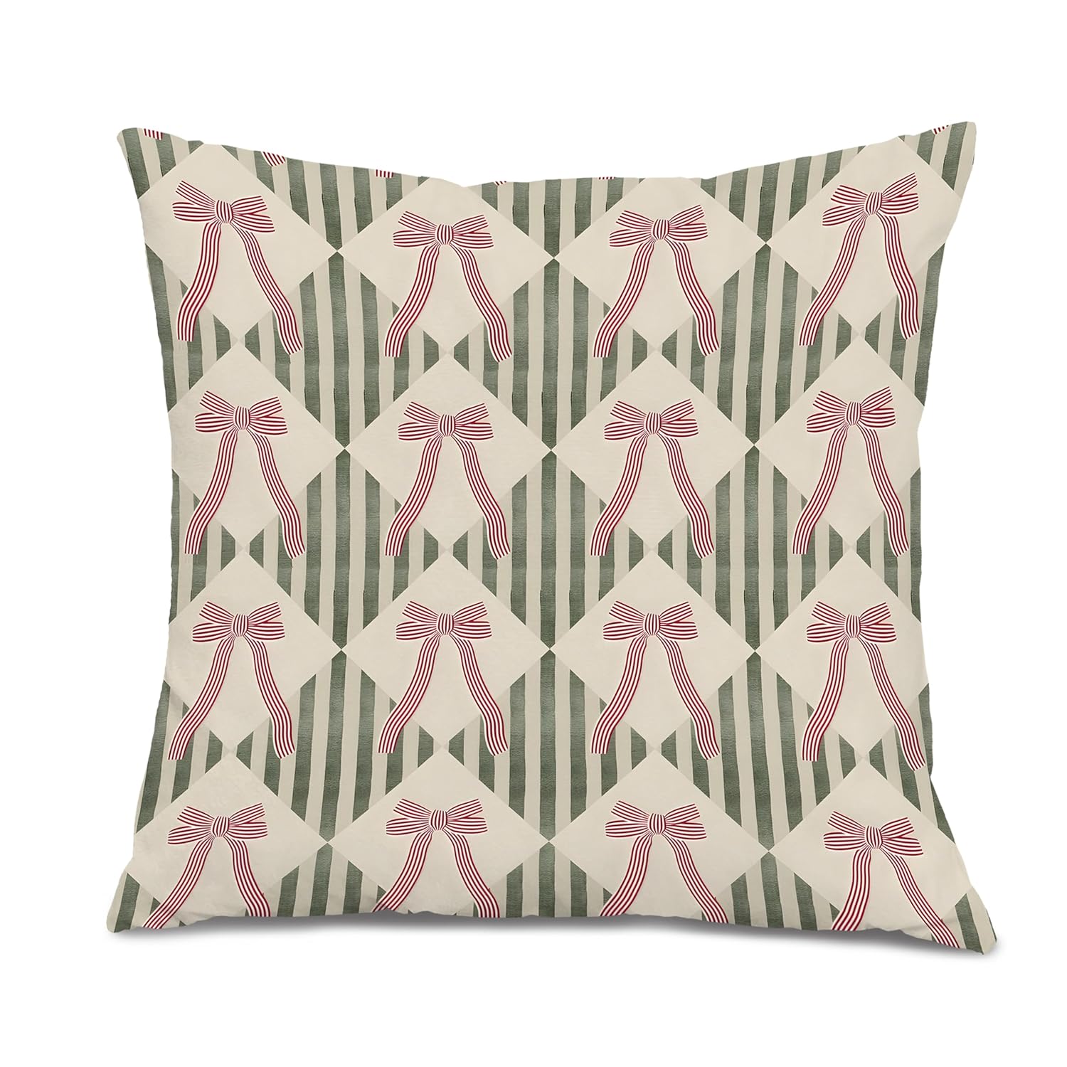 XUNLURY Rustic Red and White Ribbon Bow Throw Pillow Covers 18x18 Vintage Preppy Bow Green Striped Decorative Pillow
