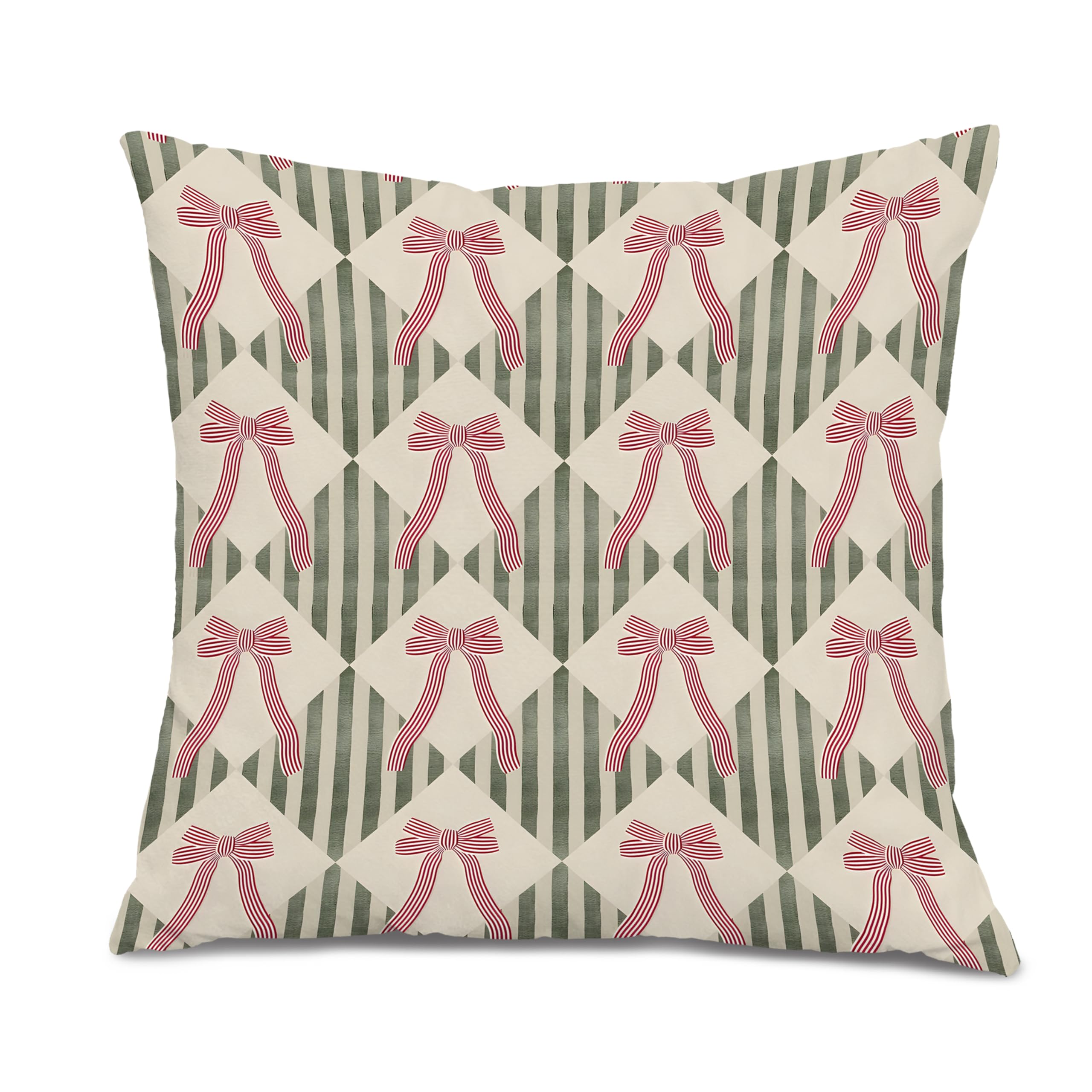 XUNLURY Rustic Red and White Ribbon Bow Throw Pillow Covers 18x18 Vintage Preppy Bow Green Striped Decorative Pillow