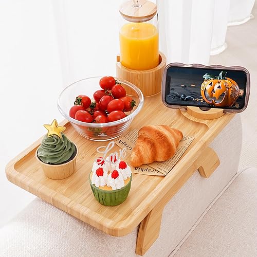 Miniatura 13 de Nnewvante Mesa de Brazo de Sofá con Tabla de Quesos, 4 en 1 Grande 15.7"x9.85" Madera de Acacia Bandeja con Clip para Brazo de Sofá con 360°