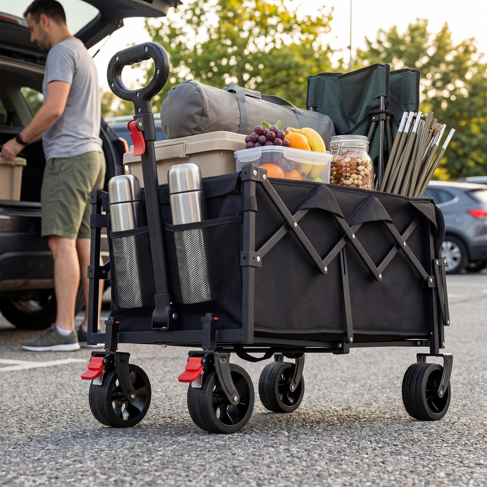 HAUSPROFI Carrello pieghevole da 100 l, portata 100 kg, adatto per fuoristrada, con freni, All-Terrain, tasca laterale e portabevande per esterni, campeggio, giardino e shopping