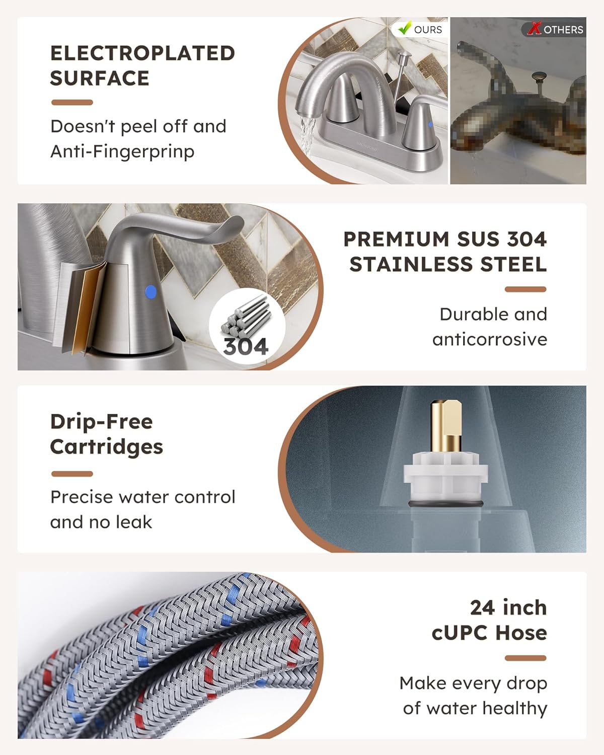 WOWOW Bathroom Faucet 2 Handle 4 Inch Centerset Bathroom Sink Faucet, Lead-Free Basin Mixer Tap with Lift Rod Drain Stopper, 2 Handle Centerset Lavatory Brushed Nickel Vanity Faucet