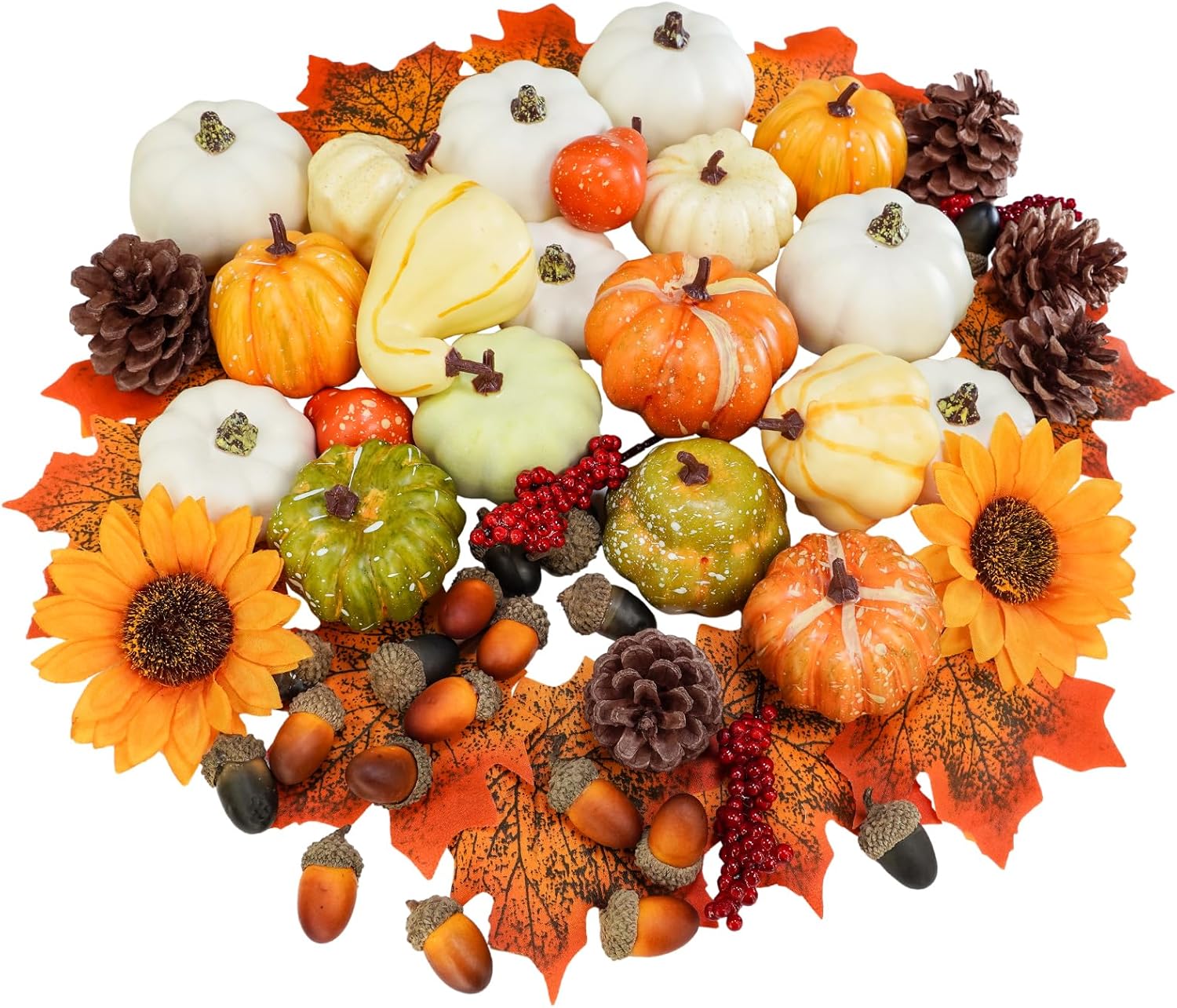 Winlyn 60 Pcs Assorted Small Artificial Pumpkins and Gourds with Acorns Pinecones Maple Leaves Sunflowers Fall Harvest Decoration Set for Thanksgiving Halloween Bowl Filler Table Centerpiece Wreaths