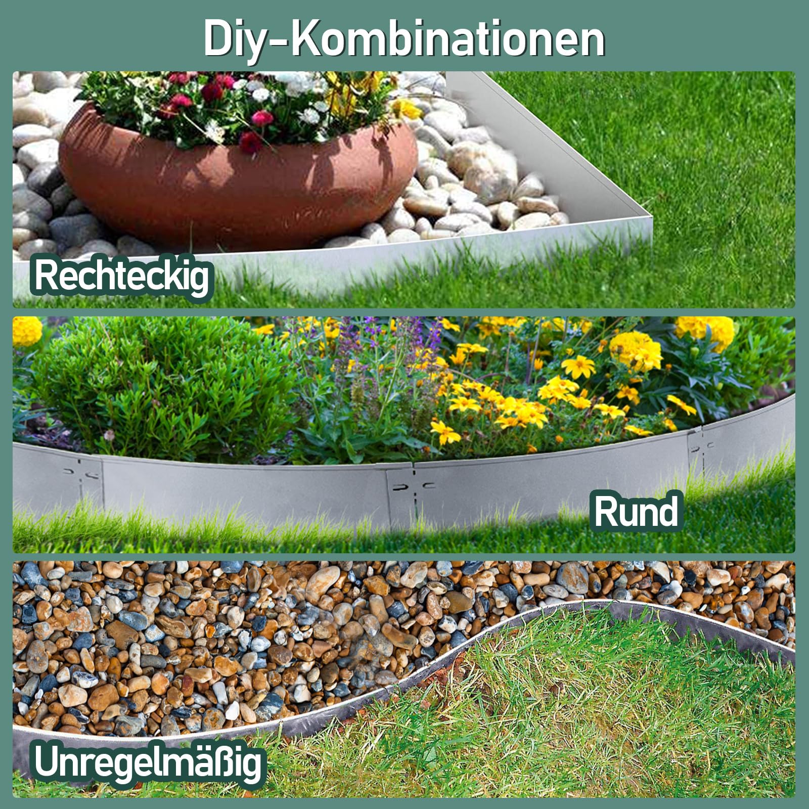 Rasenkante Verzinkt Metall, Beeteinfassung Metall 5m 10m 15m 20m 25m 30m 35m 40m 45m 50m, Rasenkanten Mähkante Palisade, Kann für Hof, Garten, Silber (Länge 15m - Höhe 15cm)