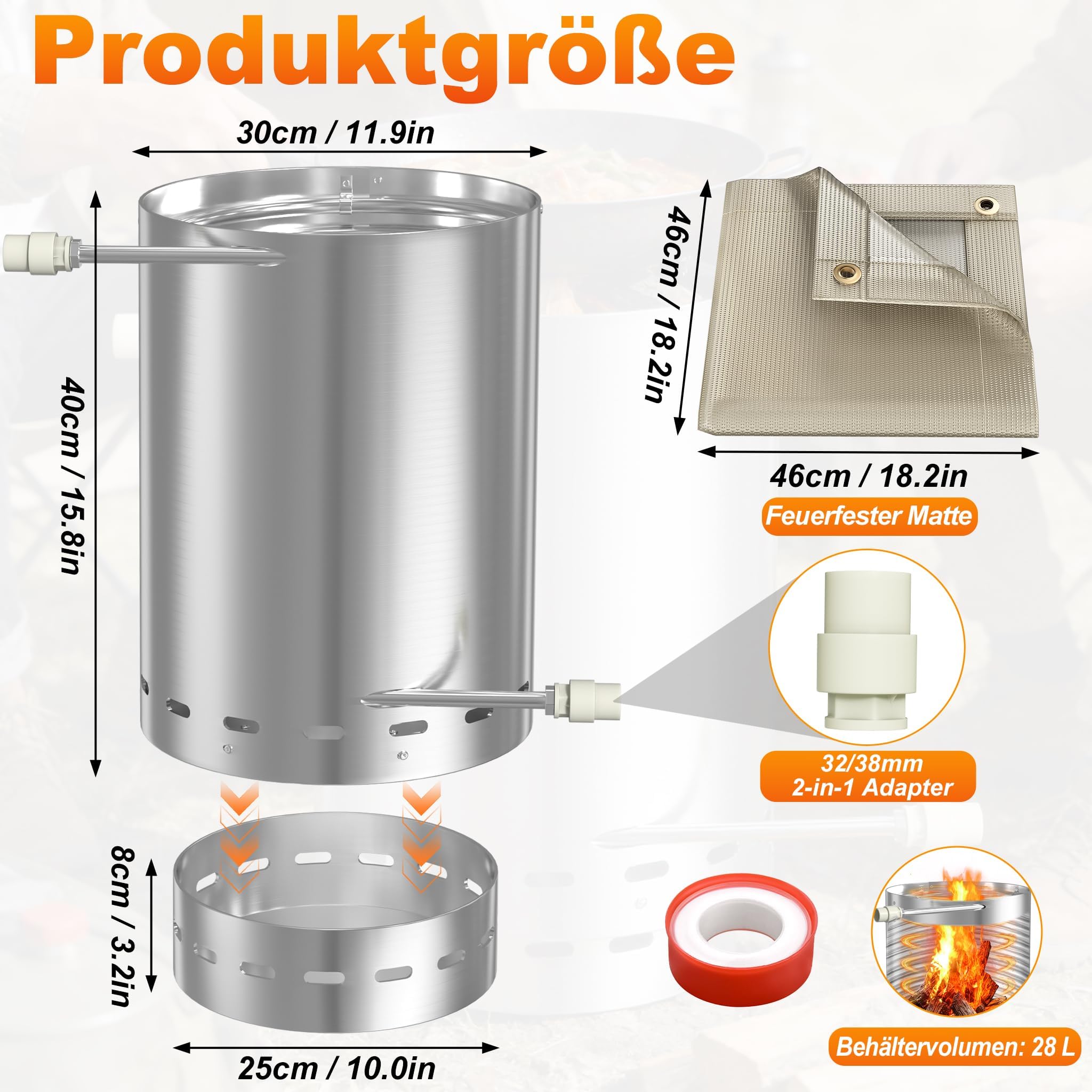 LZQ Poolheizung Edelstahl Feuertonne, Holz Poolofen mit Heizspirale 32/38 mm Anschluss Outdoor Schwimmbad Wassererwärmer Holzbeheizt – inkl. Feuerfeste Matte & Restasche Auffangwanne, 1 Stück