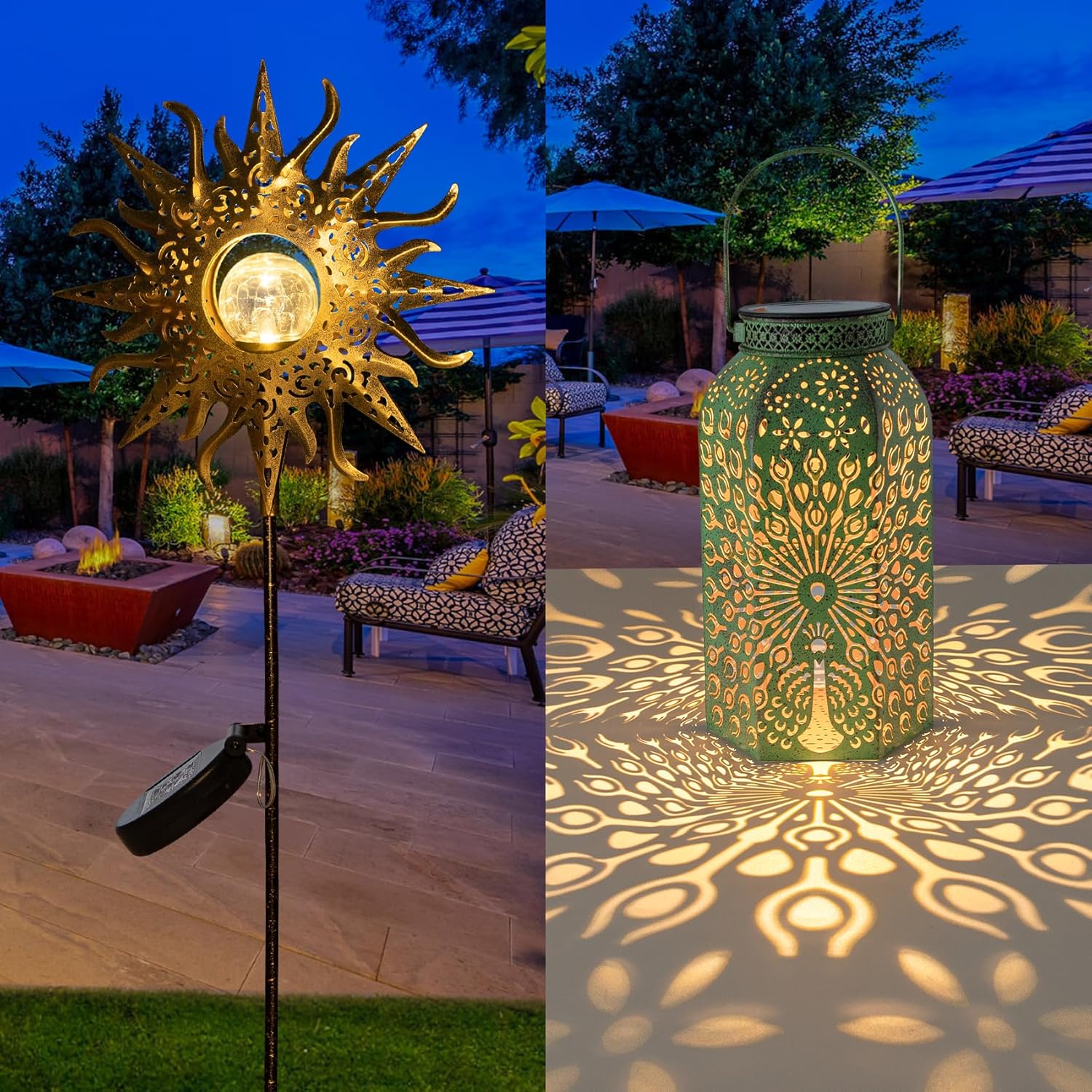 HOMEIMPRO 1 Sun Solar Lights, 2Pack Peacock Solar Lanterns Waterproof