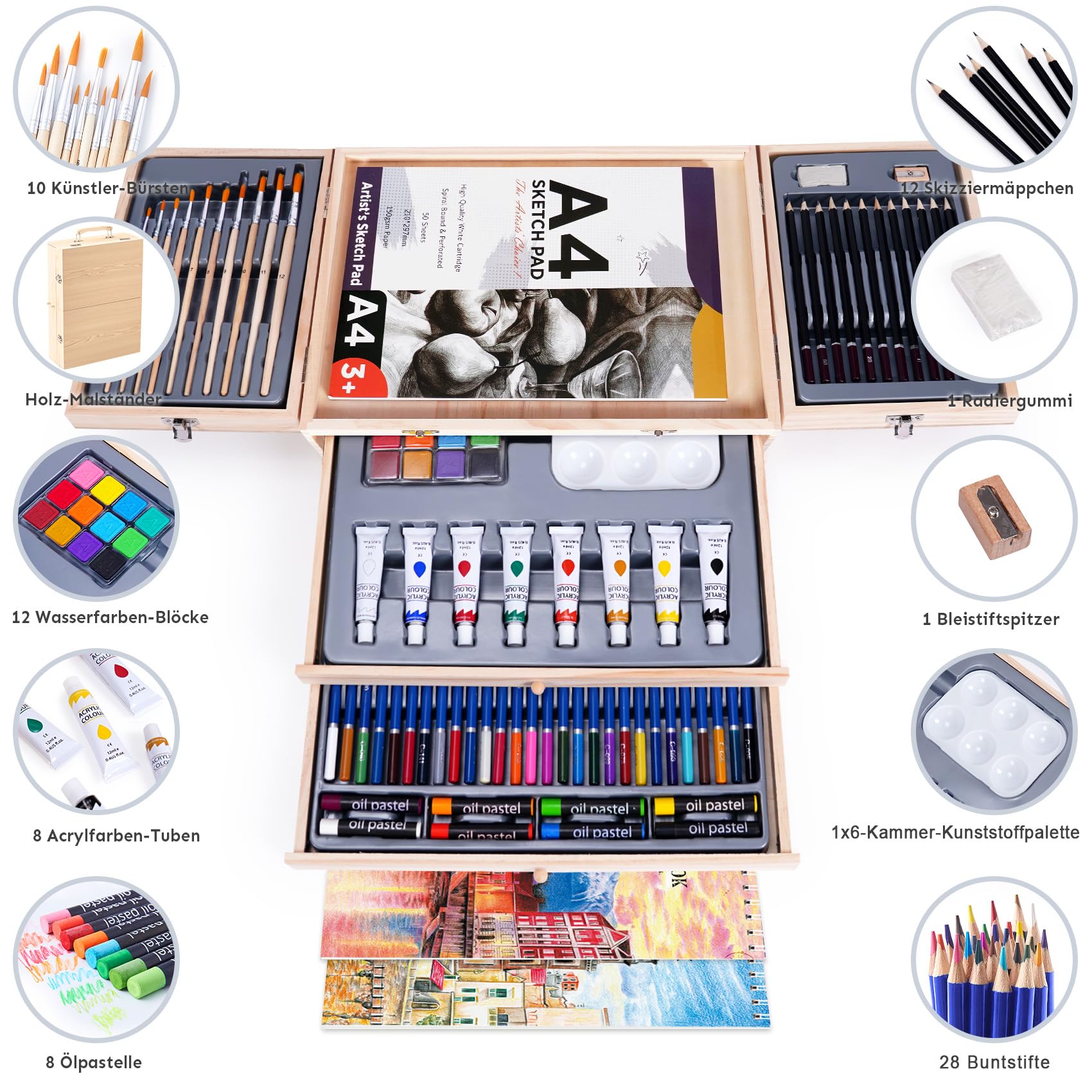 TMOL All-in-One 85tlg Malset mit Tischstaffelei, Acrylfarben, Aquarell, Skizzenstiften, Buntstiften, Ölkreiden, Pinseln, Block, Palette, Koffer, Malset für Erwachsene, Künstler, Anfänger