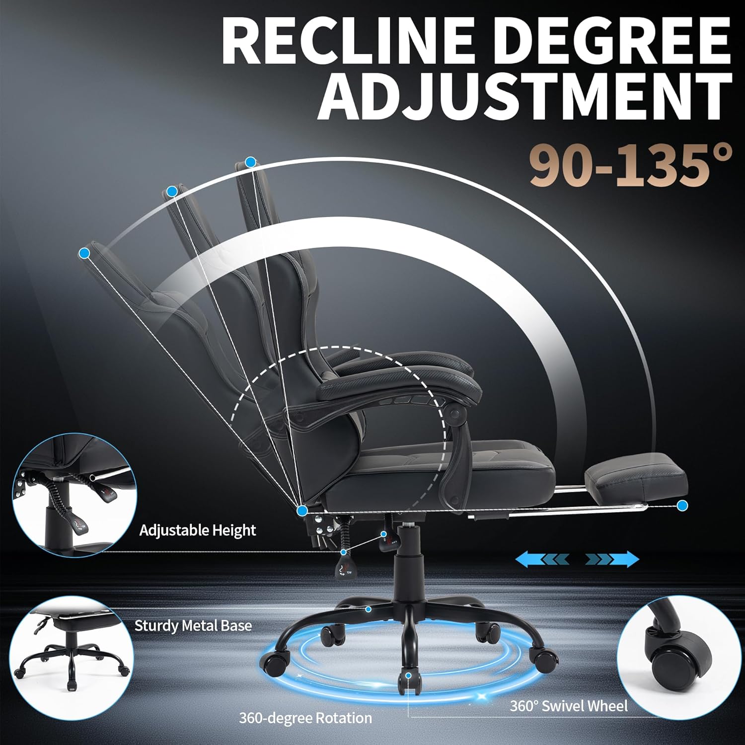 Gaming Chair with Footrest for Adults - Ergonomic Gaming Chairs with Foot Rest - Big and Tall Computer Game Chair - PU Leather Reclining Video Game Chairs with Spring Cushion - Black - Image 4