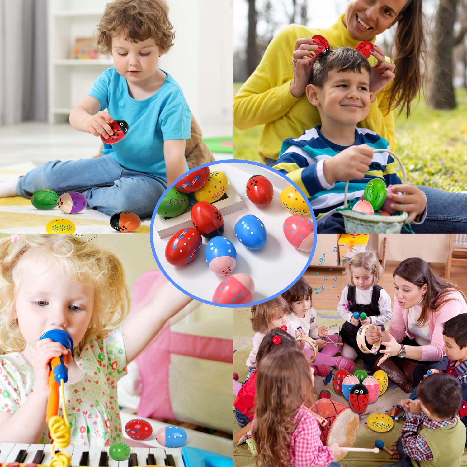 Set di 6 Pezzi di Maracas per Uova in Legno, Maracas per Uova di Pasqua, Maracas Musicali a percussione, sonagli per Uova, sonagli per Uova, Uova Musicali per Neonati e Bambini