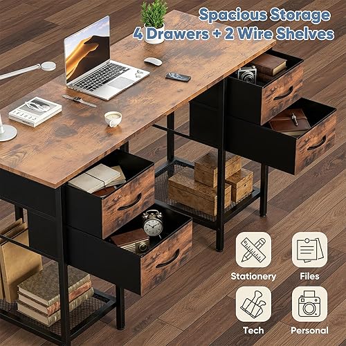 Miniatura 5 de DUMOS Escritorio para computadora de 47 pulgadas con 4 cajones, mesa de oficina en casa con estante de malla para trabajo, estudio, escritura,