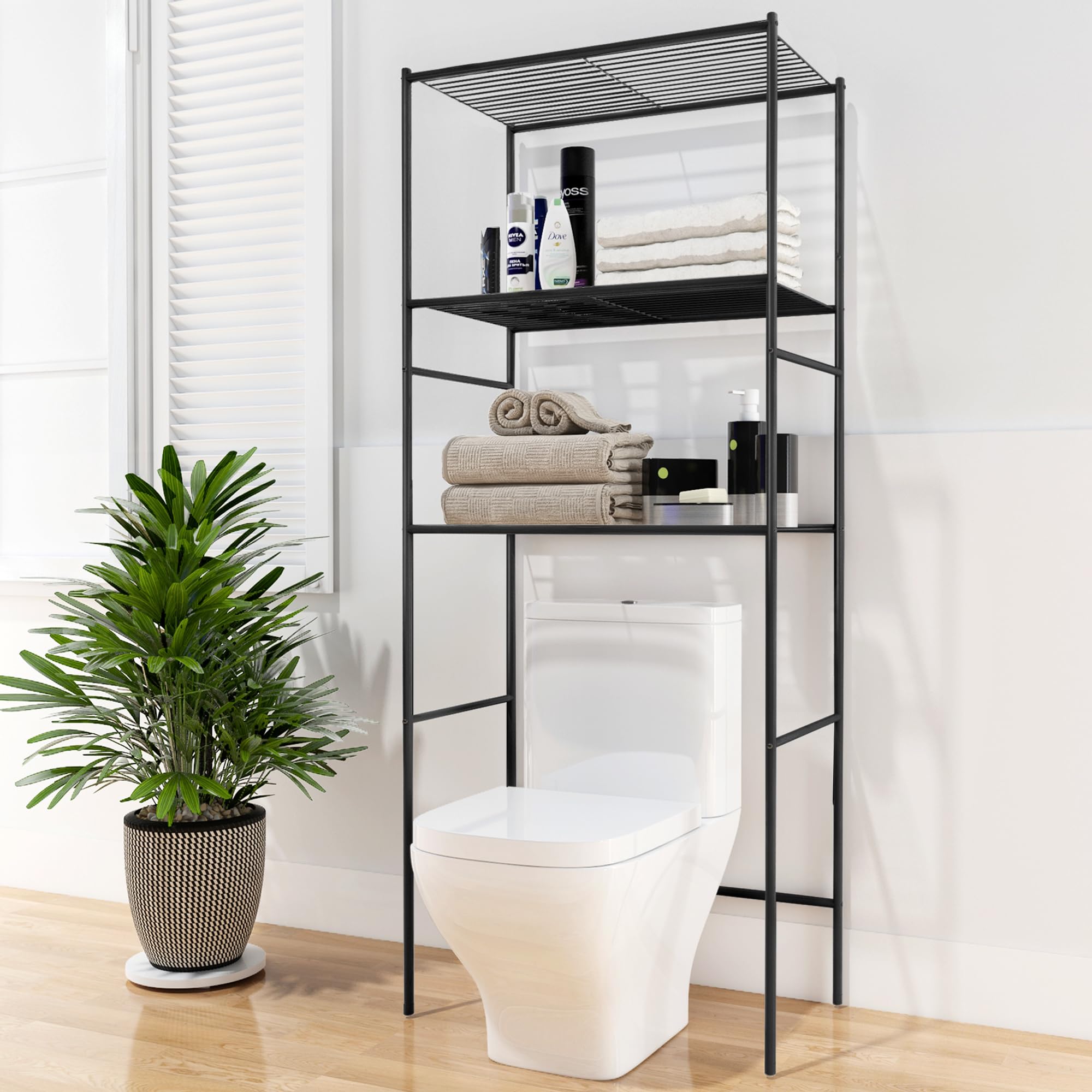 fusehome Over The Toilet Storage, 3-Tier Bathroom Organizer Shelf, Freestanding Space Saver, Toilet Stand, with Anti-Tip Kit, Waterproof Feet Pads, for Bathroom, Laundry, Black