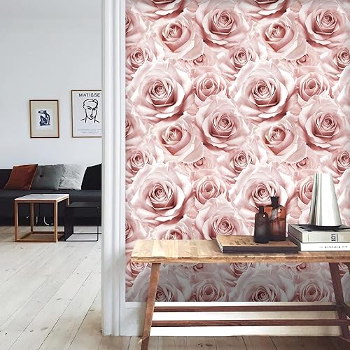 Miniatura 6 de Abyssaly Papel tapiz floral rosa moderno para despegar y pegar, 17.7 x 236 pulgadas, papel de contacto de flores rosas para decoración de