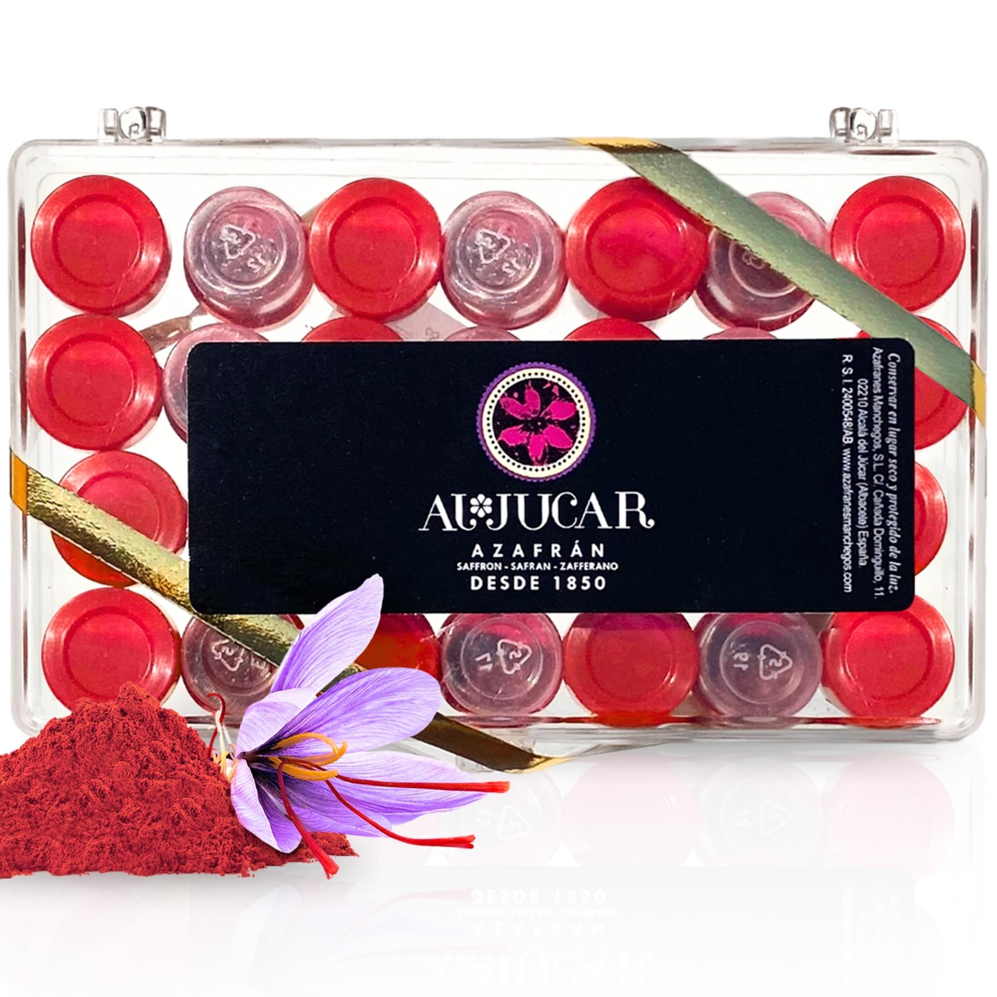 Safran moulu sélectionné - Épice naturelle pour paellas - Safran espagnol sans colorants artificiels - Safran pur en capsules - Boîte de poudre de safran de 28 unidoses de 0,250 g