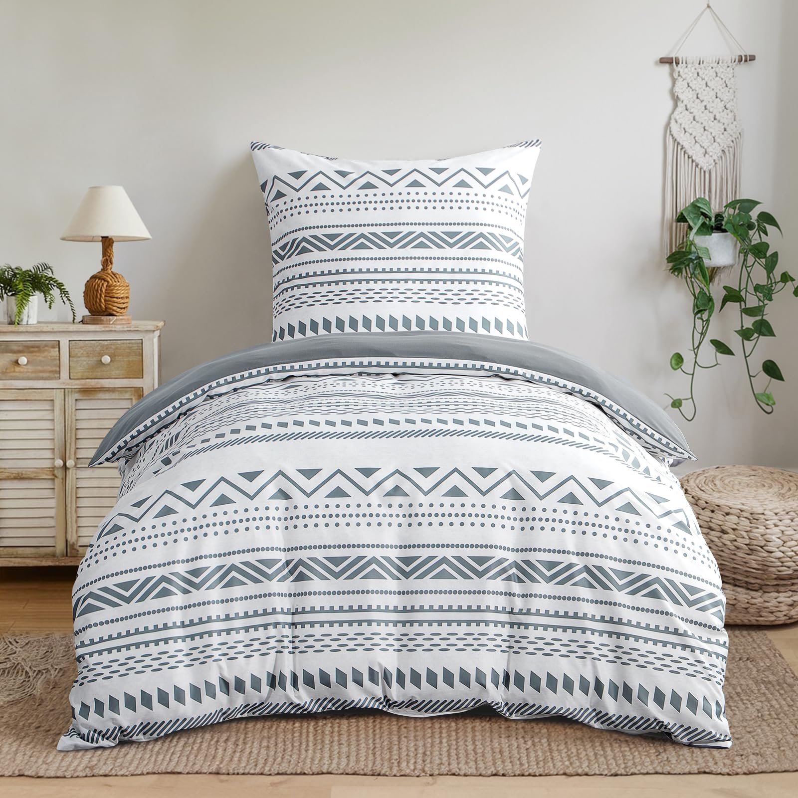 Aisbo Bettwäsche 155x220 Bettdeckenbezug - Bettwäsche Set 155 x 220 cm Boho Grau Muster mit Kissenbezug 80x80 cm, Mikrofaser Bettbezug mit Reißverschluss, Bügelfrei und Weich