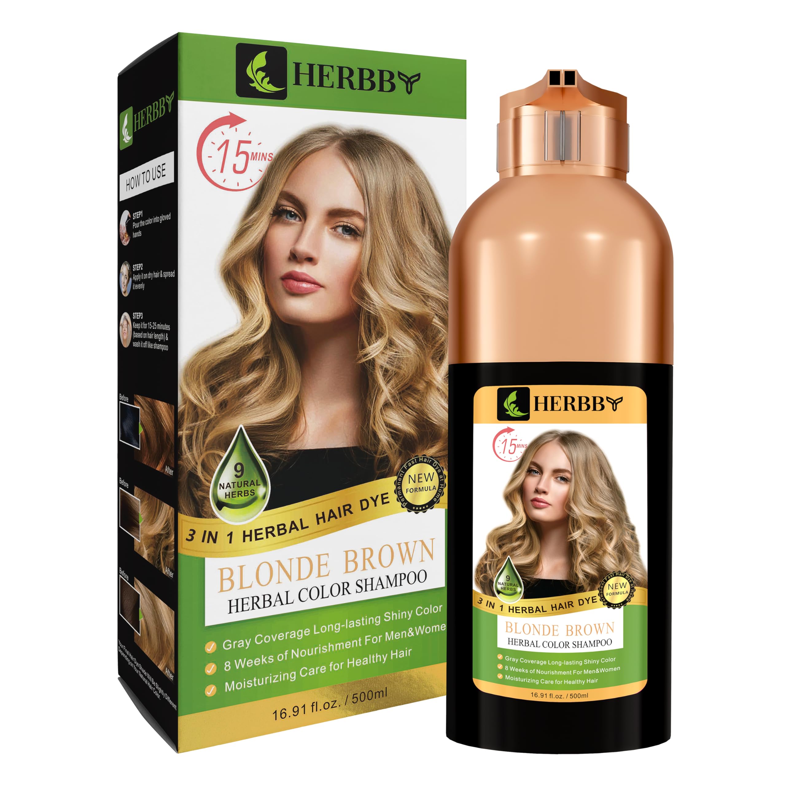 HERBBY Hair Color Shampoo for Gray Hair Coverage&Color Transform with 9 Herbal Extracts –Long Lasting(6-8 Weeks),Shiny,Evenly Colored,Instant Hair Dye Shampoo&Conditioner, 500 Ml (BLONDE BROWN COLOR)