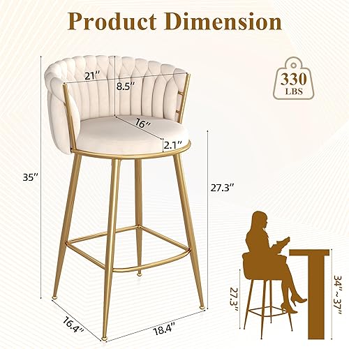 Miniatura 3 de Juego de 2 Taburetes de Altura de Mostrador, Taburetes de Bar de Terciopelo con Altura de Asiento Tapizado de 27 Pulgadas, Respaldo y Reposabrazos