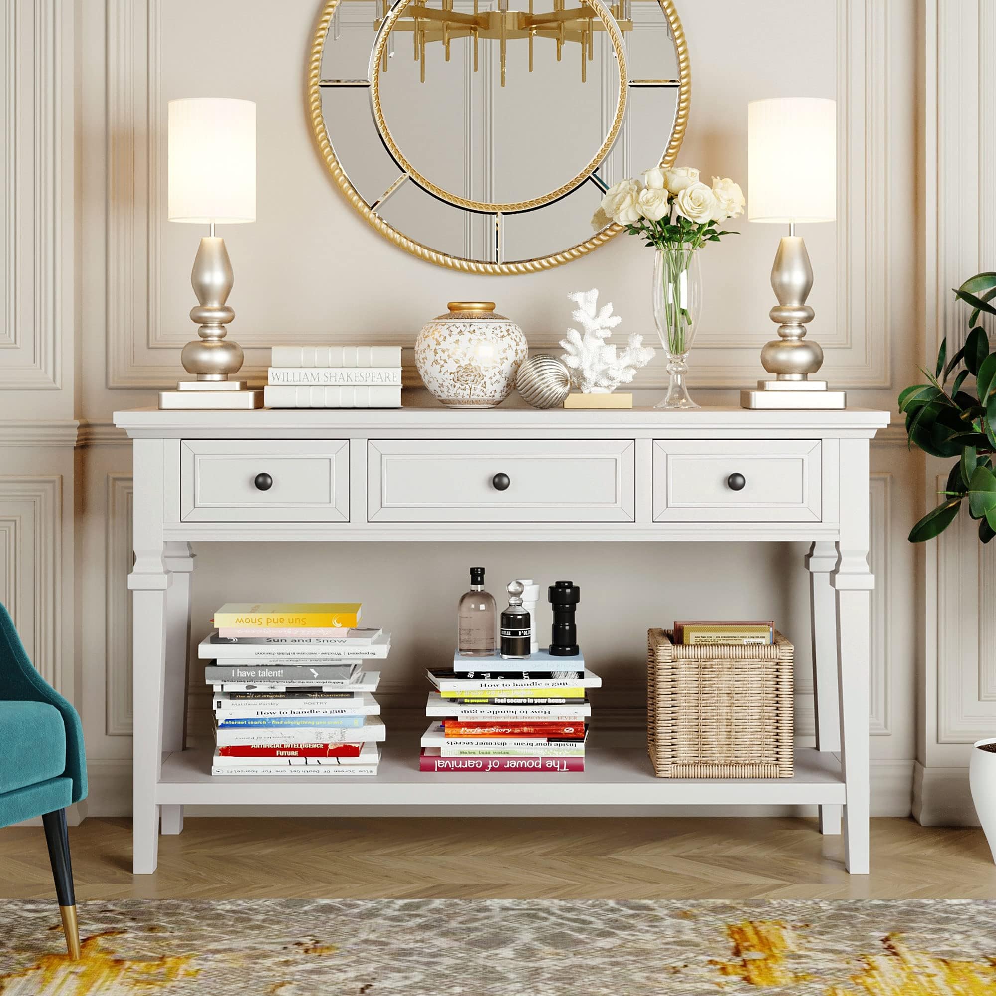 P PURLOVE Retro Console Table with Drawer,Farmhouse Entryway Table,Solid Wood Sofa Table for Entryway Hallway