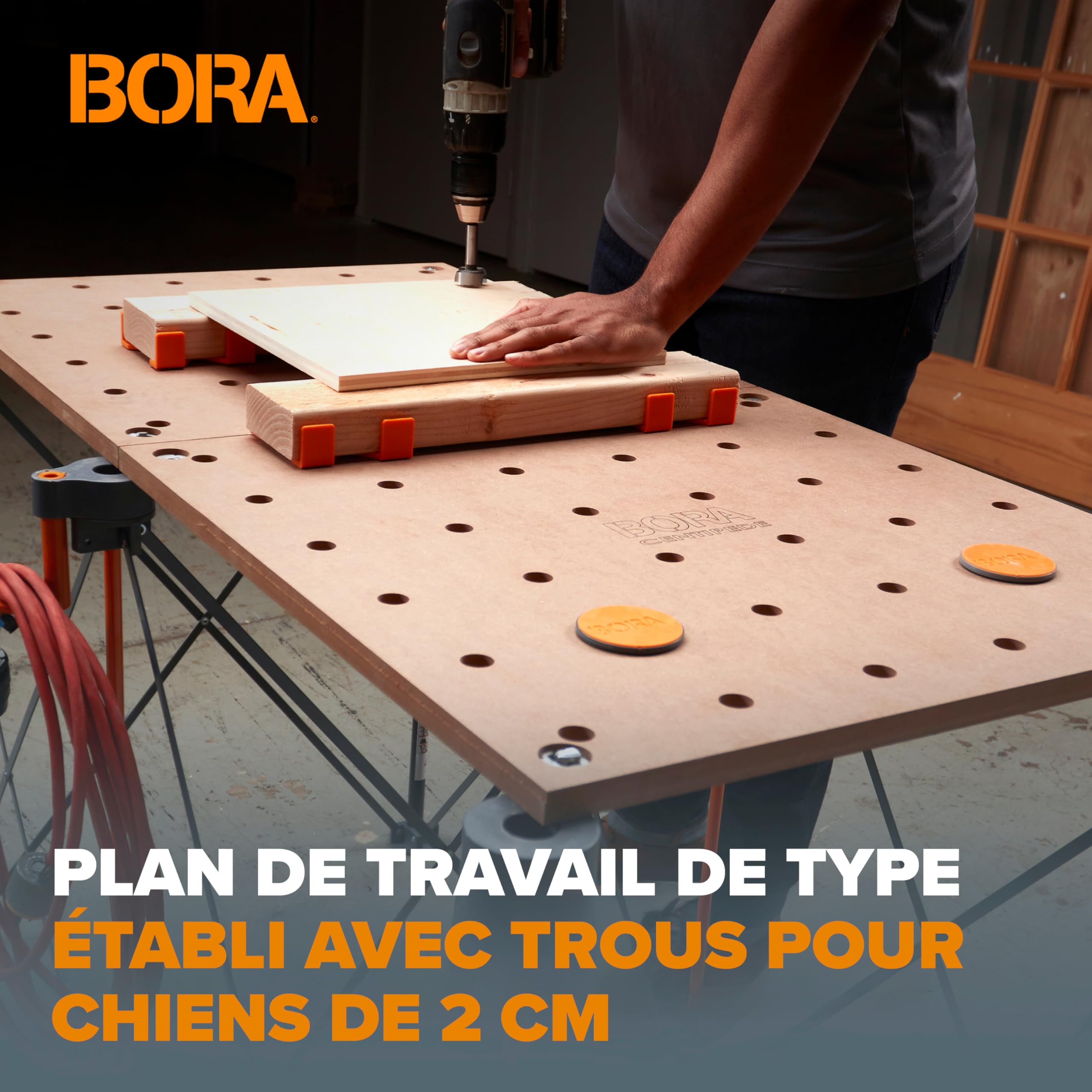 Bora Centipede CK22TM Établi pour Table de Travail Bora Centipede 61 x 121,9 cm avec Dessus en Bois avec Trous pour Chien de 20 mm + 6 poignées de Verrouillage à Rotation Rapide pour établi Portable