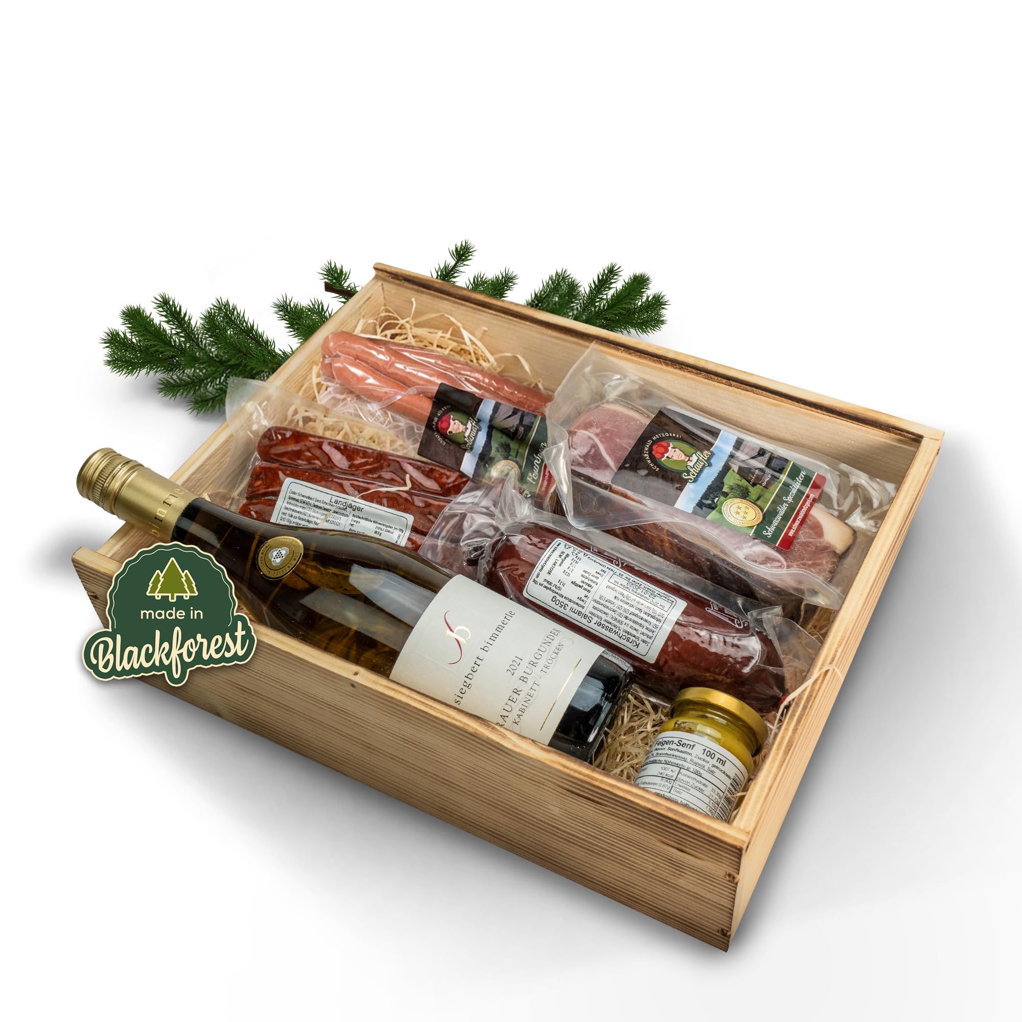 Schwarzwald Metzgerei: Geschenkkorb "Holzkiste" mit Wurst- und Schinken-Delikatessen – Präsentkorb mit Schwarzwälder Schinken, Feigensenf und Weißwein als Geschenk für jeden Anlass
