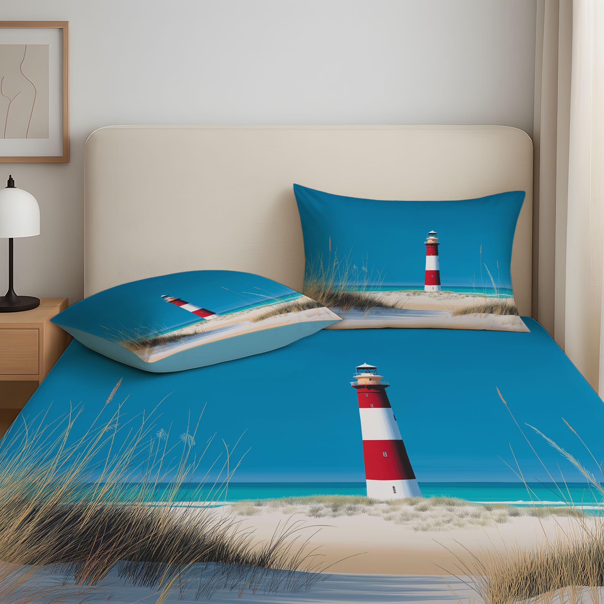 Blu Traspirante Lenzuolo Faro Dune di Sabbia Spiaggia Lenzuolas Iper-Realistico Minimalista Lenzuolo con angoli elasticizzati da 30 cm Naturale Calmo Oceano Morbido 160 x 190 x 30 per Bambini Adulti