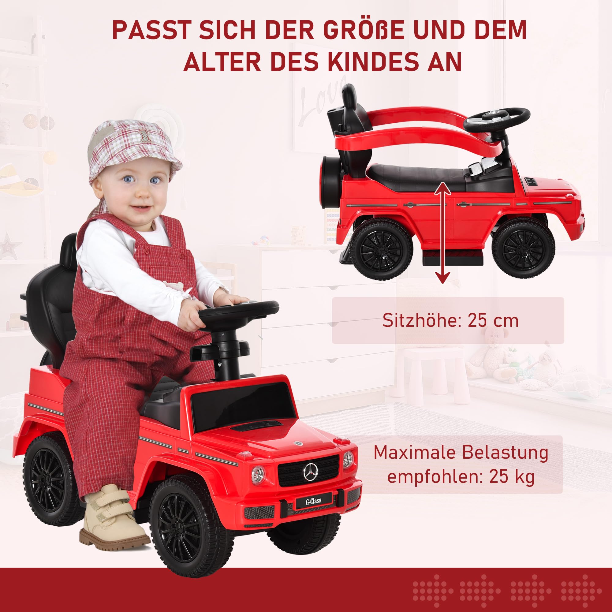 HOMCOM Rutschauto mit Schiebstange Mercedes-Benz G350 Rutschfahrzeug mit Lenkrad 3-in-1 Schiebeauto Kinderfahrzeug mit Hupe Fußstütze Sitzstauraum Kinderauto für Kinder von 18 bis 36 Monaten Rot