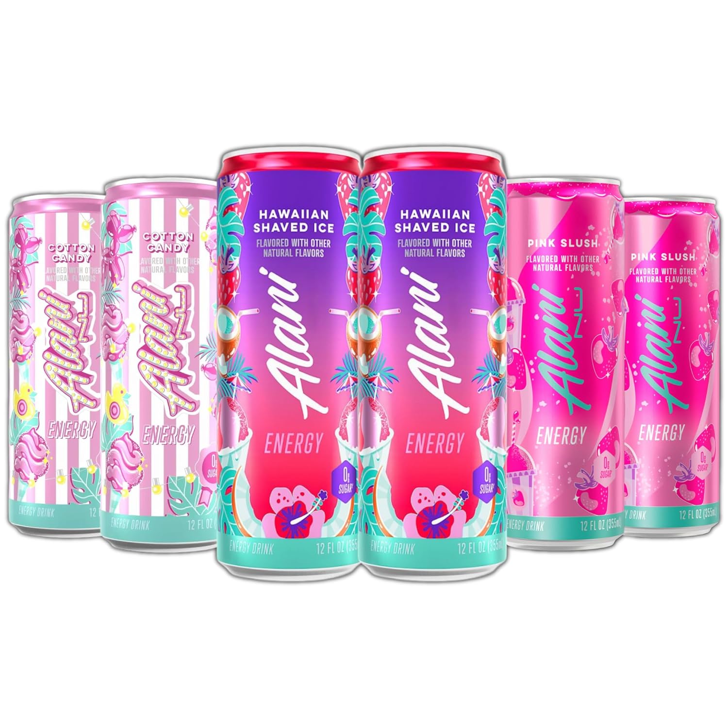 New Alani Energy Drinks Cotton Candy, Hawaian Shaved Ice, Pink Slush Variety Pack Sugar-Free, Low-Calorie, 200mg Caffeine, Energy Boost Drink 12 fl oz (Pack of 6) Repackaged By * Shadow Hunter