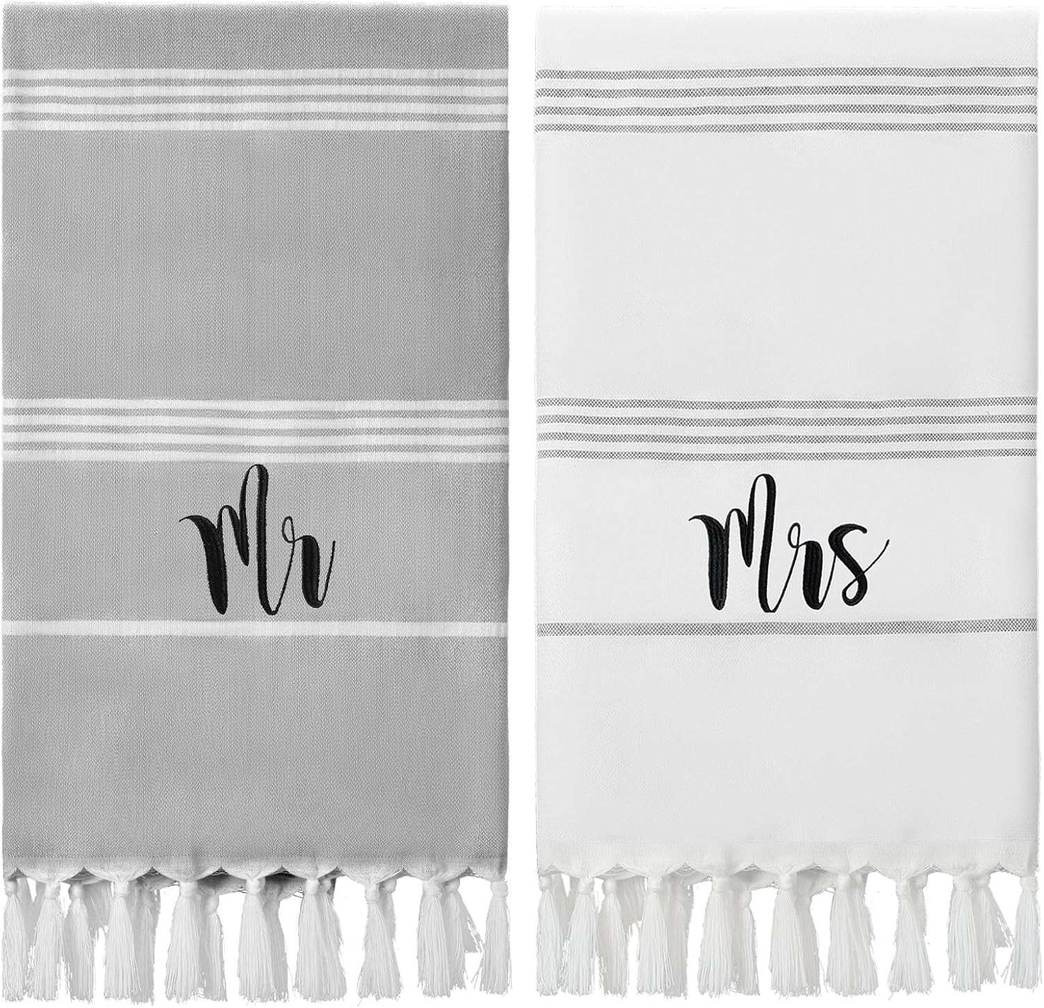 Preboun 2 Pcs Mr and Mrs Turkish Beach Towels Decorative Mr and Mrs Gift Embroidery Stripe Turkish Beach Towels for Honeymoon Newlywed Couple Wedding Gift 71 * 39 inch(Grey, White)