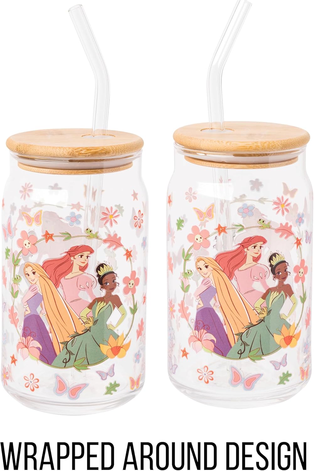 Silver Buffalo Disney Princesses Featuring Rapunzel Tangled, Ariel Little Mermaid, Tiana Princess and the Frog Spring Floral Glass Jar Tumbler with Bamboo Lid and Glass Straw, 16 Ounces - Image 5