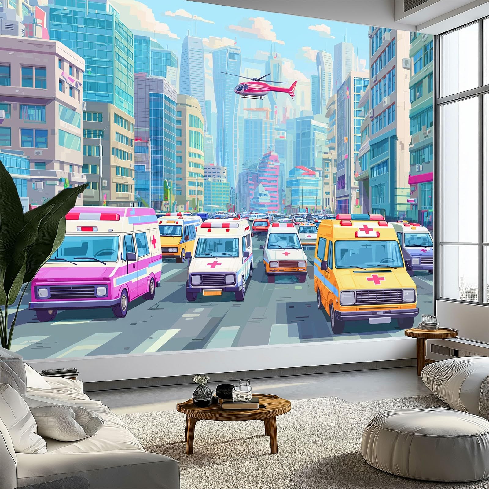 Fototapeta 3D 200 x 140 cm - wielokolorowa włóknina tapeta ścienna do salonu i telewizora biura - dekoracja XXL niesamoprzylepna kreskówka śmigłowiec pojazdów ratowniczych
