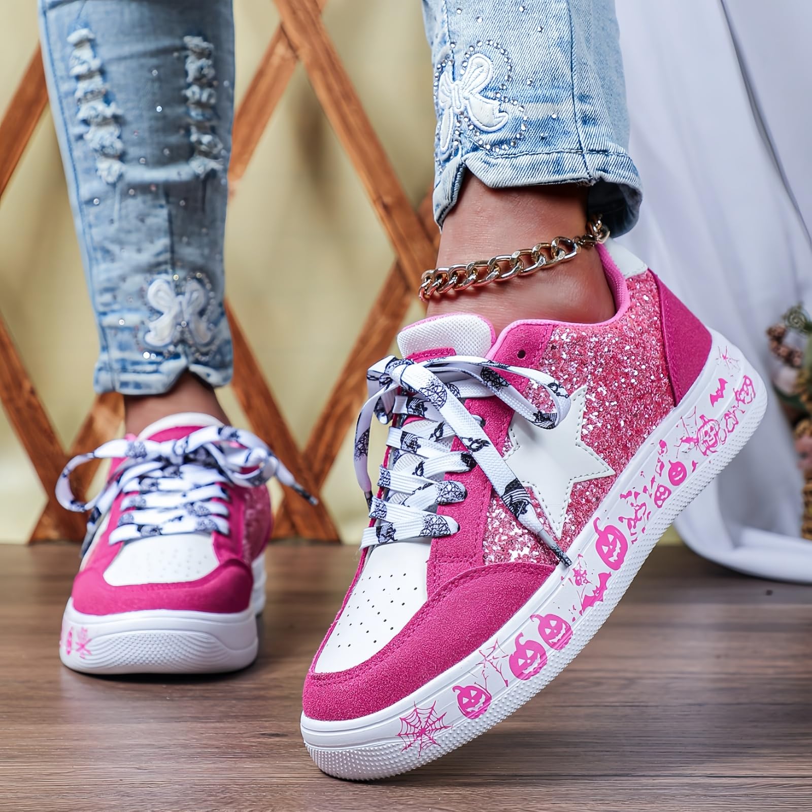 Modne damskie trampki z gwiazdami brokatowe cekiny sznurowane niskie buty tenisowe do biegania buty do chodzenia lekkie antypoślizgowe skórzane buty retro, Graffiti gwiazda różowy, 36.5 EU
