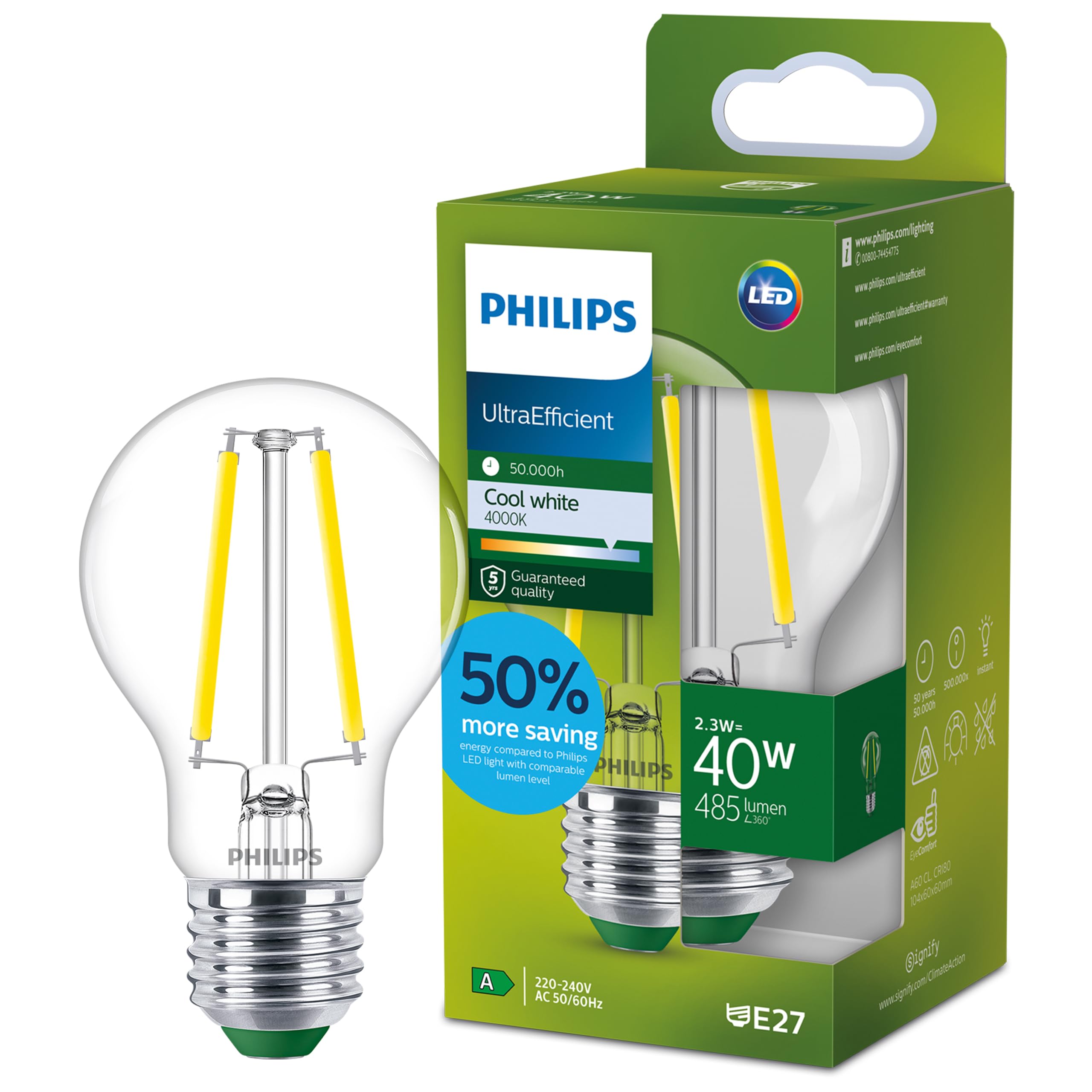 Philips Cool White Ultra Efficient - Ultra Energy Saving Lights, E27 Led Light Source, 40W, A60, Pack Of 1, Clear