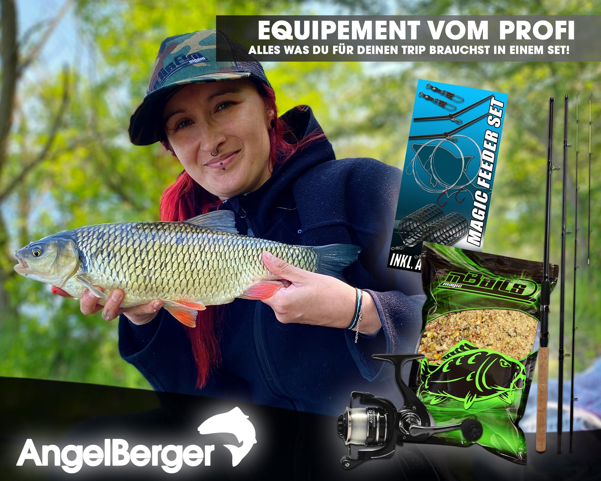 Angel Berger Feeder Angelset mit Feederrute, Rolle und Zubehör | Futterkorb, Angelrute