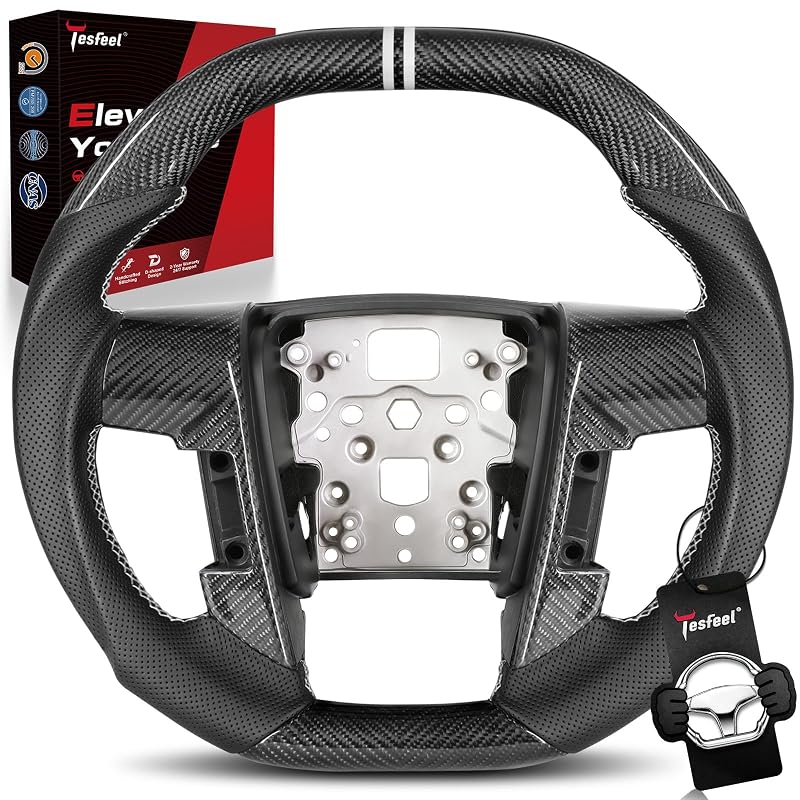 Volante esportivo em fibra de carbono 3K com formato Double D para Ford F-150 e SVT Raptor, faixas e costura brancas TESFEEL