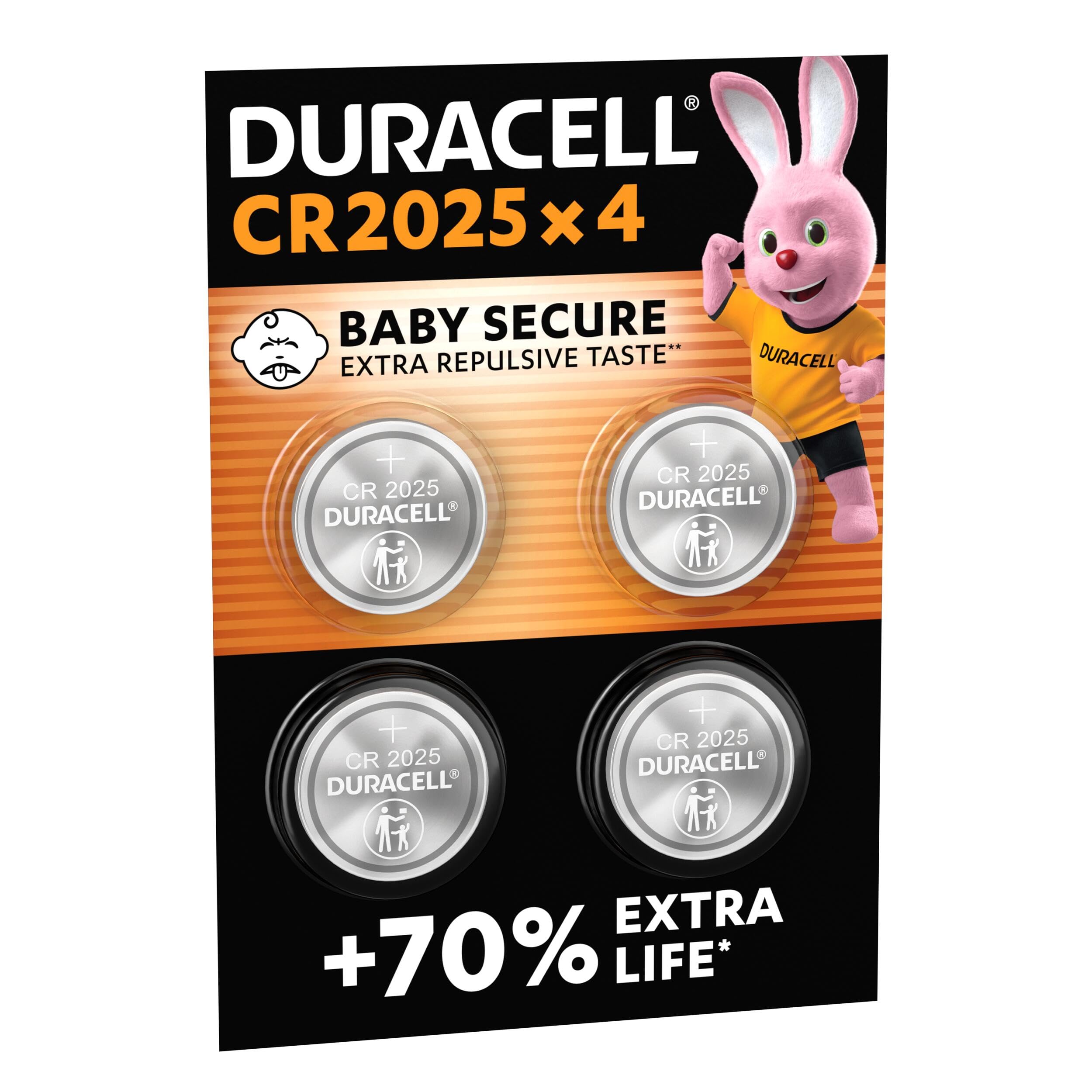DURACELL 2025 Lithium Coin Batteries 3V (4 Pack) - Up to 70% Extra Life - Baby S
